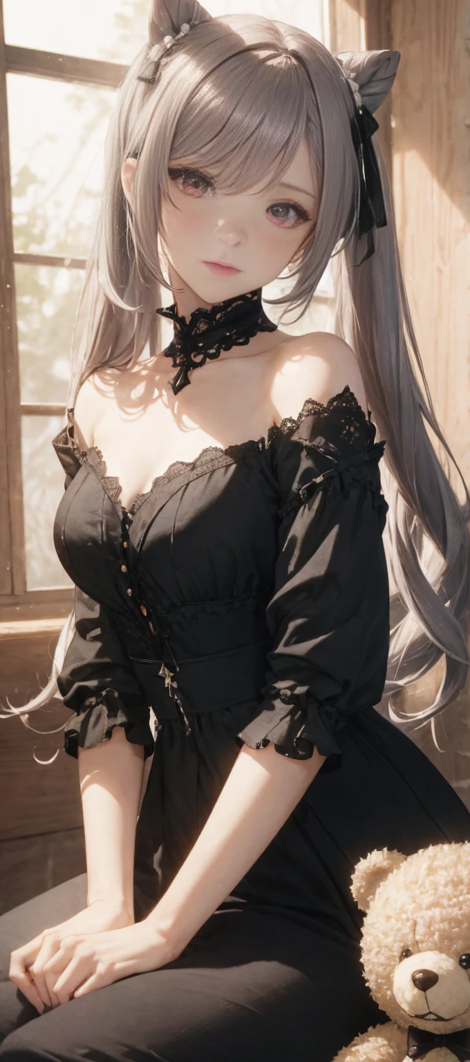 (1girl:1.3), (photorealistic:1.4), (masterpiece, top quality, best quality, official art), extreme detailed, highest detailed, (ultra-detailed), ((an extremely delicate and beautiful)), cinematic light, contemporary, 1girl, solo, long hair, pantyhose, red hair, bangs, high heels, white pantyhose, looking at viewer, bare shoulders, thighband pantyhose, black footwear, forehead mark, parted bangs, dress, ass, floating, very long hair, side locks, breasts, full body, panties under pantyhose, facial mark, thighs, pointy ears, sitting, hair ornament