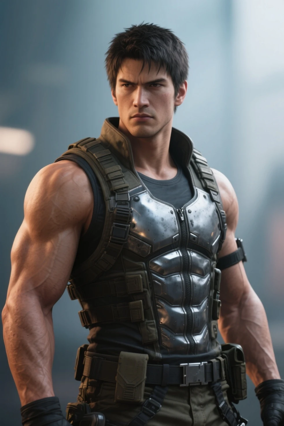 "Create a photorealistic illustration of a dark-skinned man in a dangerous situation in an underground location.
The man has strong, angular features, with tanned skin and short dark hair. His blue eyes convey an expression of alert and concern. His body is muscular and athletic, and he firmly holds a firearm with firm, ready hands. In addition to wearing dark clothes.
 He is in a dark, underground environment, possibly a tunnel. Stone or concrete walls create a feeling of confinement and isolation. The lighting is dim and shadowy, casting unsettling shadows across the character's tense face.
The composition of the scene should create a feeling of imminent danger, with the character in an alert position, ready to react to an unknown threat. The lighting and color palette should convey an oppressive and threatening atmosphere, accentuating the tension of the situation.
Through facial expression, body posture and hostile environment, the illustration must convey a sense of vulnerability, adrenaline and the urgent need for survival. Realistic details, such as the texture of the weapons and the determined expression of the character, should reinforce the authenticity of the scene."