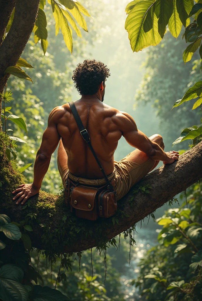hyper realistic and high definition image of Adam looking at a blurred tree in the background, in a cinematic scene in jardim of the eden