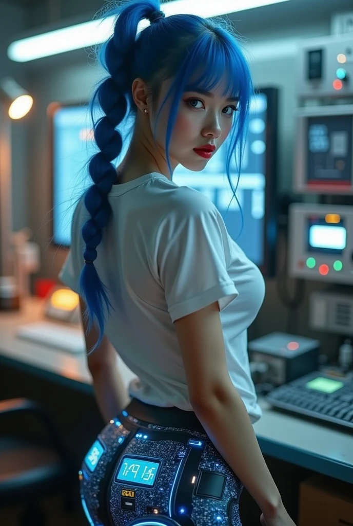 jinx (league of legends), tattoo, naked, show armpits, pink nipples, perky breast, anime cosplay, model, vagina hightlight, cameltoe, standing pose, cyberpunk background