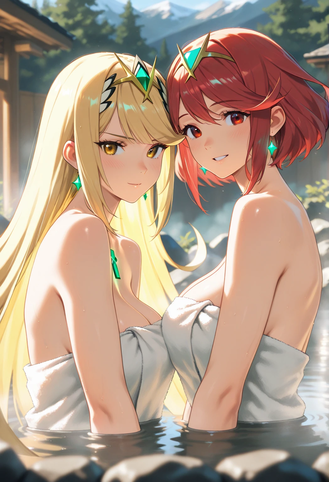 blonde very long hair, red eyes, wearing a sexy pink dress, side slit, ultrasharp, looking at the viewer, ((best quality)), ((masterpiece)), (detailed), perfect face, big breast, sexy body, sexy woman besides her, hugged, An anime scene of two girls hugging and kissing intensely, with hearts and sparkles floating around them as they stand in pool of water