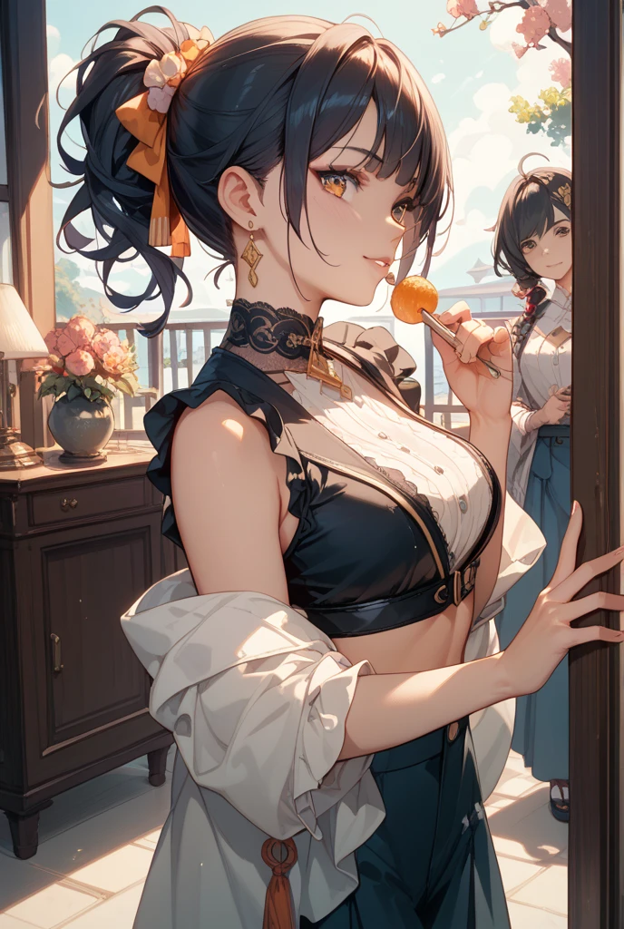 masterpiece, top quality, high detailed, detailed face, bright Eyes, exterior, blurred background, dynamic poses, dynamic angle, (from the front),standing, (small breasts),(neckline),(see through dress),(Thinking in the future:1.5), xianglingdef, happy, Laugh, hot and spicy, happy, In an old traditional Chinese restaurant.