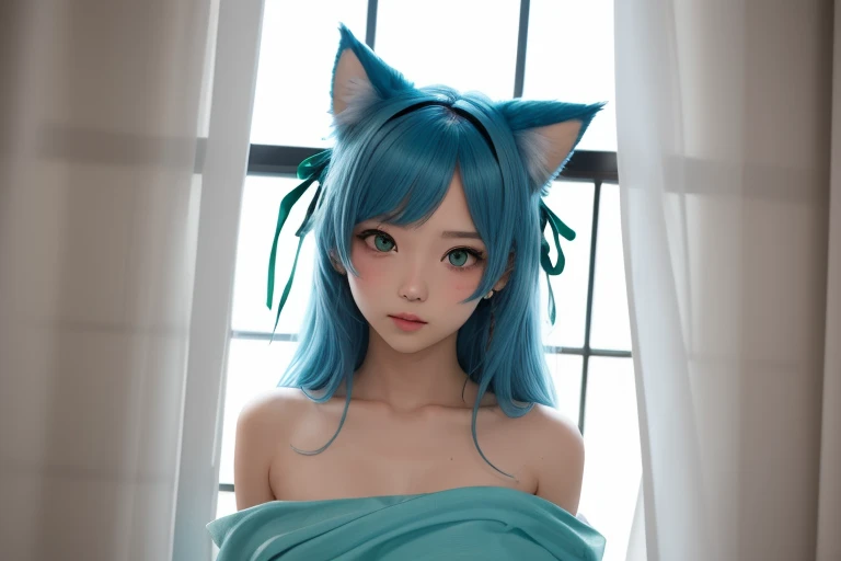 1 , 独奏, longye hair, high resolution, bangss, breastsout, breastsout grandes, Cat's ears, blue colored eyes, 