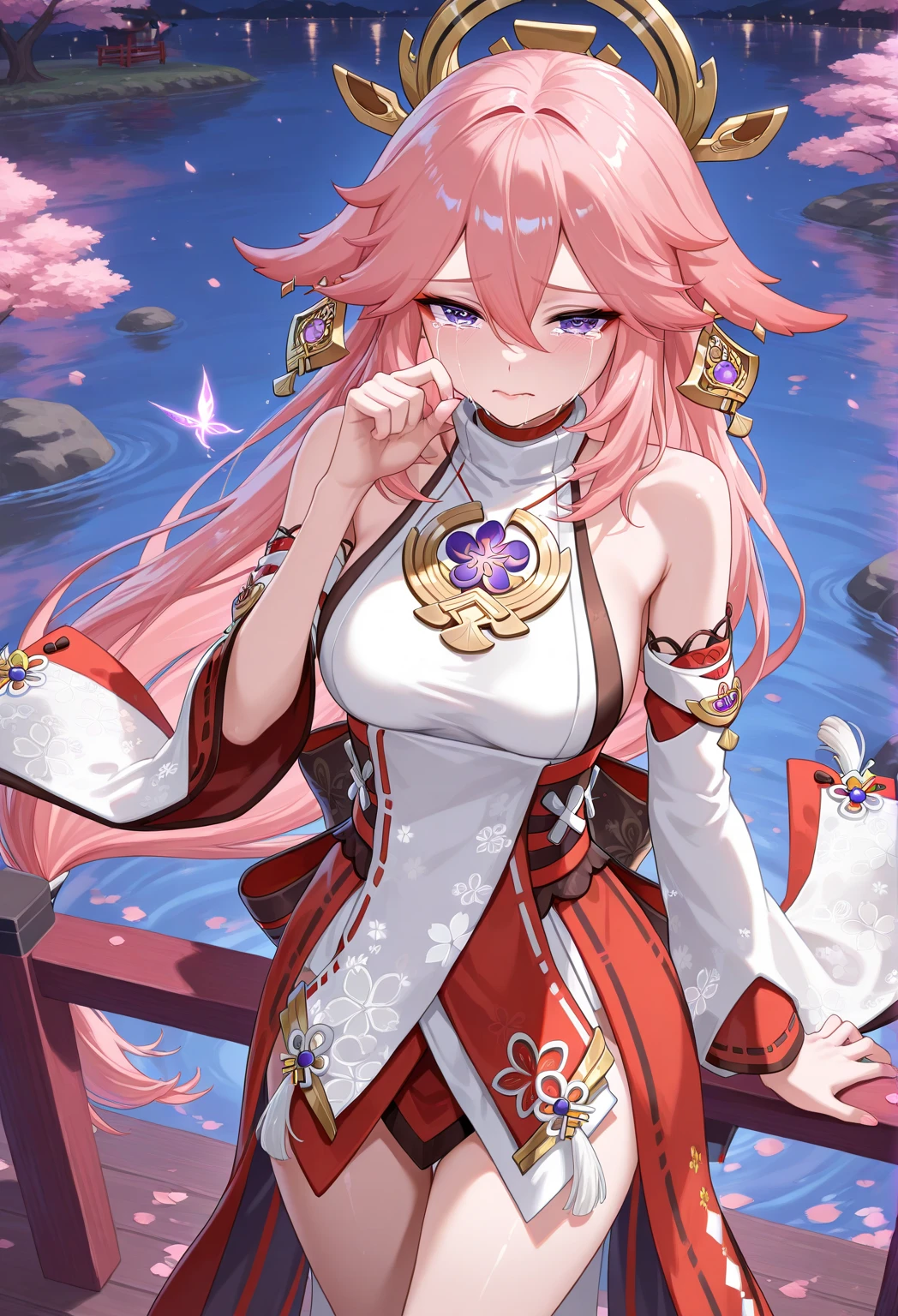 celebration of the new year,Winter snowflakes fluttering,landscape,painting,illustration,portrait,yae miko, pink hair, sleeves separated, strapless, (sideboob:1.45),((grand fireworks display in the night sky)),mesmerizing colors fireworks,twinkling stars,romantic ambiance,amazing architectural design,overwhelming sense of excitement,festive atmosphere,magical moment,inspiring and artistic composition. best quality,4k,8k,highres,masterpiece:1.2,ultra-detailed,realistic:1.37,