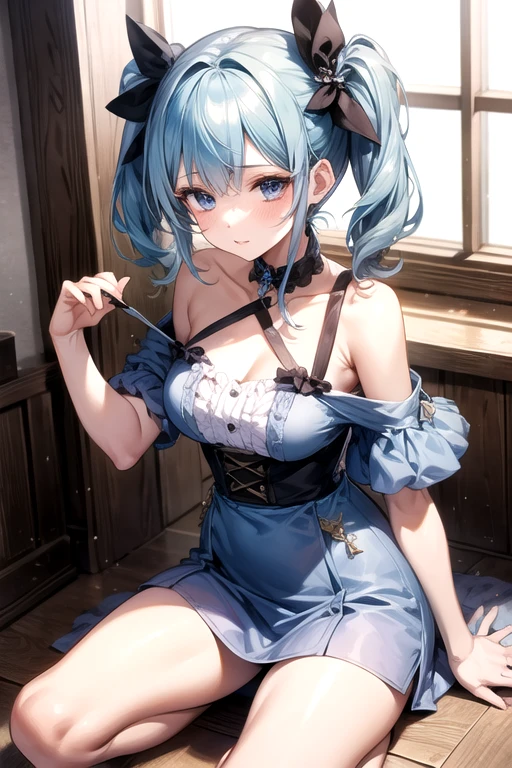 Stand up straight、(Best Quality, hight resolution, masutepiece:1.2), Ultra-detailed, Realistic:1.37, sky blue hair, Bob Hair, Sleepy eyes, Beautiful detailed eyes, Beautiful detailed lips, Smile, Choker, Woman、She has a very large and beautiful bust、facing back、show your face between your legs、Show me your ass！、Backward！、Take off your panties halfway、Take off your clothes halfway