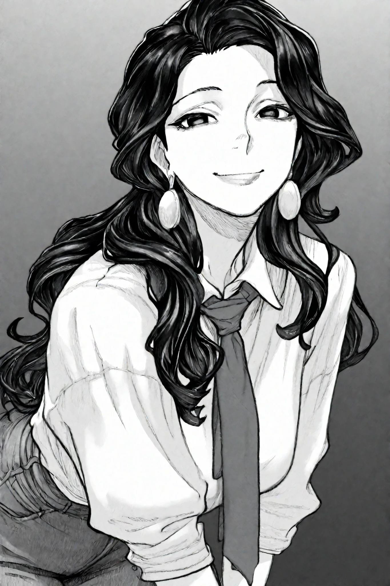 1girl, solo, leaning forward, smile, looking at viewer, black hair, black eyes, shoulder length hair, loose wavy hair, earrings, tie, white shirt, pants, milf,
masterpiece, best quality, atucag, monochrome, greyscale,