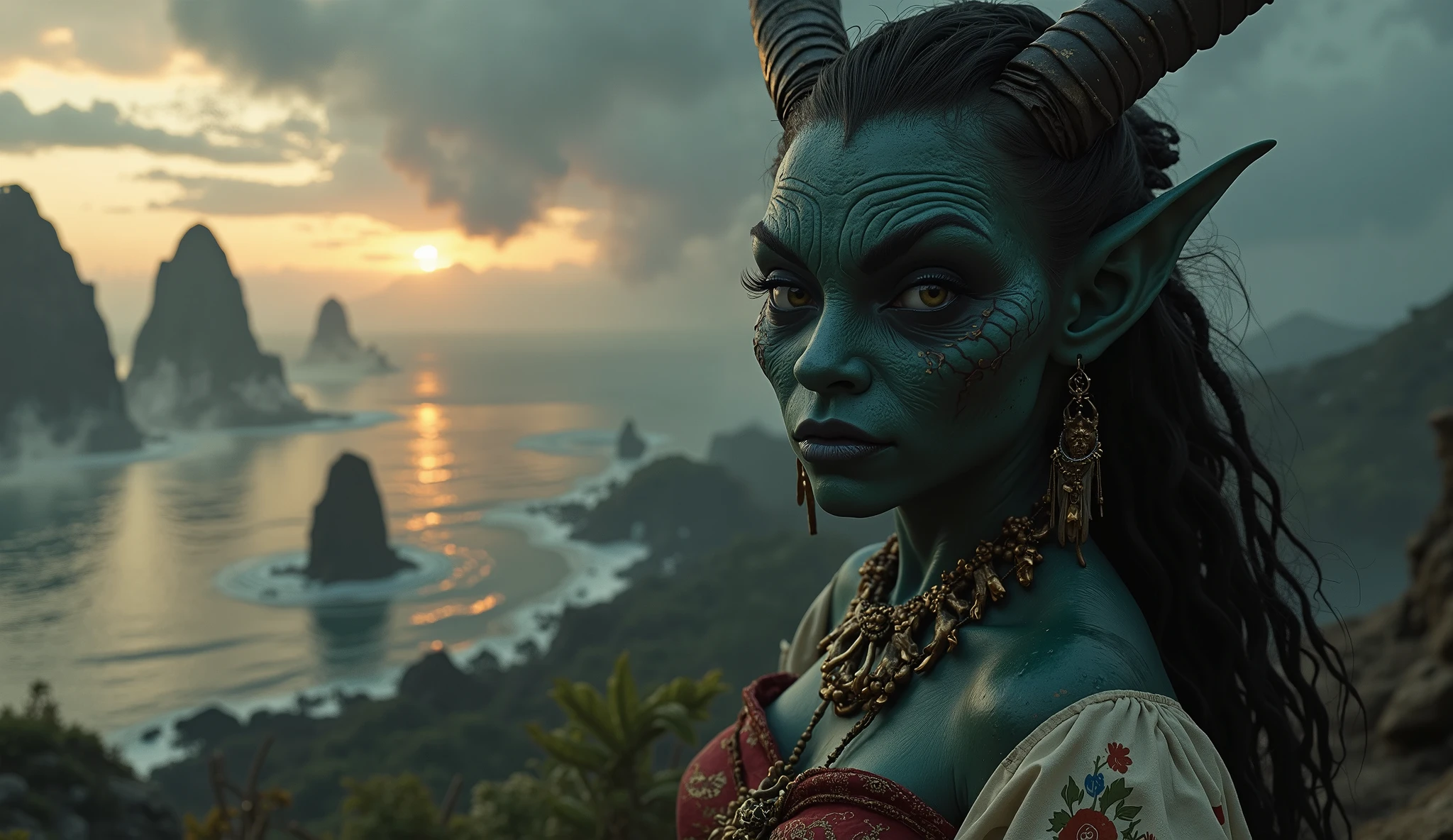 view from height,full-body-shot,obsidian The Alien Entity, half-Moana, sassiness temper,natural leather textures, hyper realisitc, hyper detailed,Extremely detailed,High contrast, ,Realistic,Ultra Detailed,intricate details,realistic humid skin,extremely intricate,Epic Realistic, Romantic, cinematic style,irina yermolova, orc's village of fishers,full body length,ominous landscape,floating islands on background in dangerous atmosphere,sunset, a Tim Burton-inspired dreamscape,Bun Hair,(Folk clothes:1.5),full body length,niobium goblin,native africa ,once pretty face,eyebrow up,full body shot,ominous landscape,niobium gray atmosphere,photo,photorealism,Masterpiece,hyper natural skin textures, hyper realism,hyper detailed,High contrast,Realism,Ultra Detailed,irina yermolova,close full body shot,32K resolution,Nikon Z9, ,demonic fog, smoke, audience, mist, featuring ultra-realistic and hyper-realistic elements, Marta Bevacqua, Ellen Jewett, Kawacy, Katsuya Terada, Carne Griffiths,concert lighting, bokeh, luminal space that feels both bright and surreal. Includes liquid fluid elements for added depth and movement. Rendered in an unreal engine and post-processed to achieve . Evokes a sense of dreamy, ethereal and mystical mood,horror pixar movie still,thriller disney movie ,pixar render, animated ,suicide,psychiatric clinic, insane fantasy,storm,cloud storm