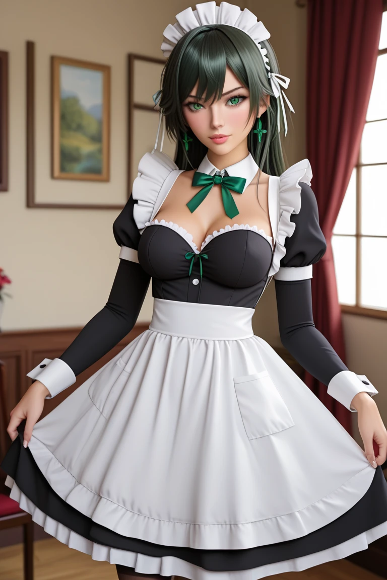 NSFW, hyper photorealistic, Full body, Gorgeous maid outfit with slim hottie lascivious girl in chocolate mint color costume and lace mini skirt, Sitting, lift up skirt, Panties with a glimpse of lace, In the style of 2D game art, Details to blink and miss, Detailed costumes, heavy shading