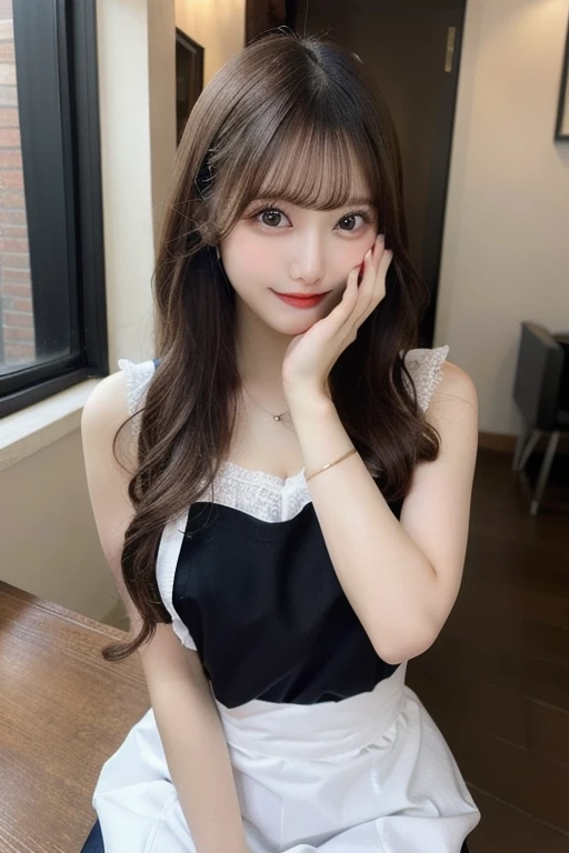 (Best quality, 8k, masterpiece: 1.3), a beautiful woman with perfect figure: 1.4, dark brown hair, wearing a pendant, wearing an apron, in the kitchen, highly detailed face and skin, detailed eyes, double eyelids, big breasts, smile