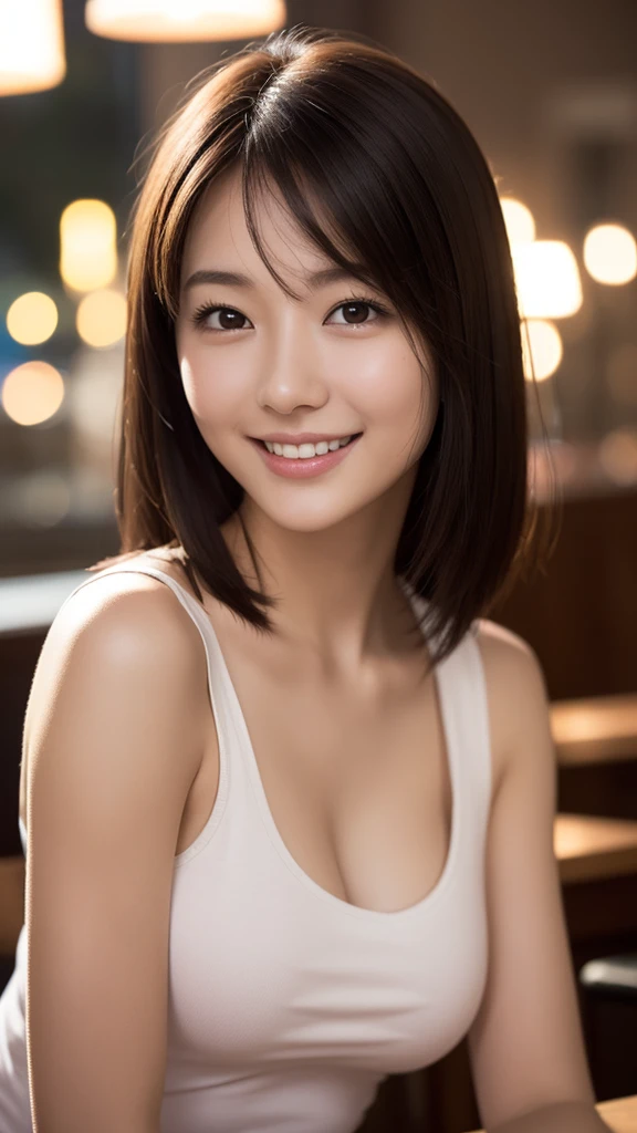 (Masterpiece:1.3), (8k, Photorealistic, RAW Photography, Best Quality: 1.4), (((1girl))), A pretty girl with perfect figure :1.4, Cute girl, Beautiful Face, (Realistic Face), Beautiful Hairstyle, Realistic Eyes, Beautiful Details, (Realistic Skin), Beautiful Skin, Attractive, Ultra High Definition, Ultra Realistic, Very Detailed, (small breasts:1.3), (flat chest), (cleavage:0.8), Japanese, young student, teen, semi-long curly hair, bangs, (Brown hair, small breasts:1.3), ((slim figure:1.2)), Small buttocks, ((See -through Tube top), gentle smile, sharp focus, The background is gray gradation,