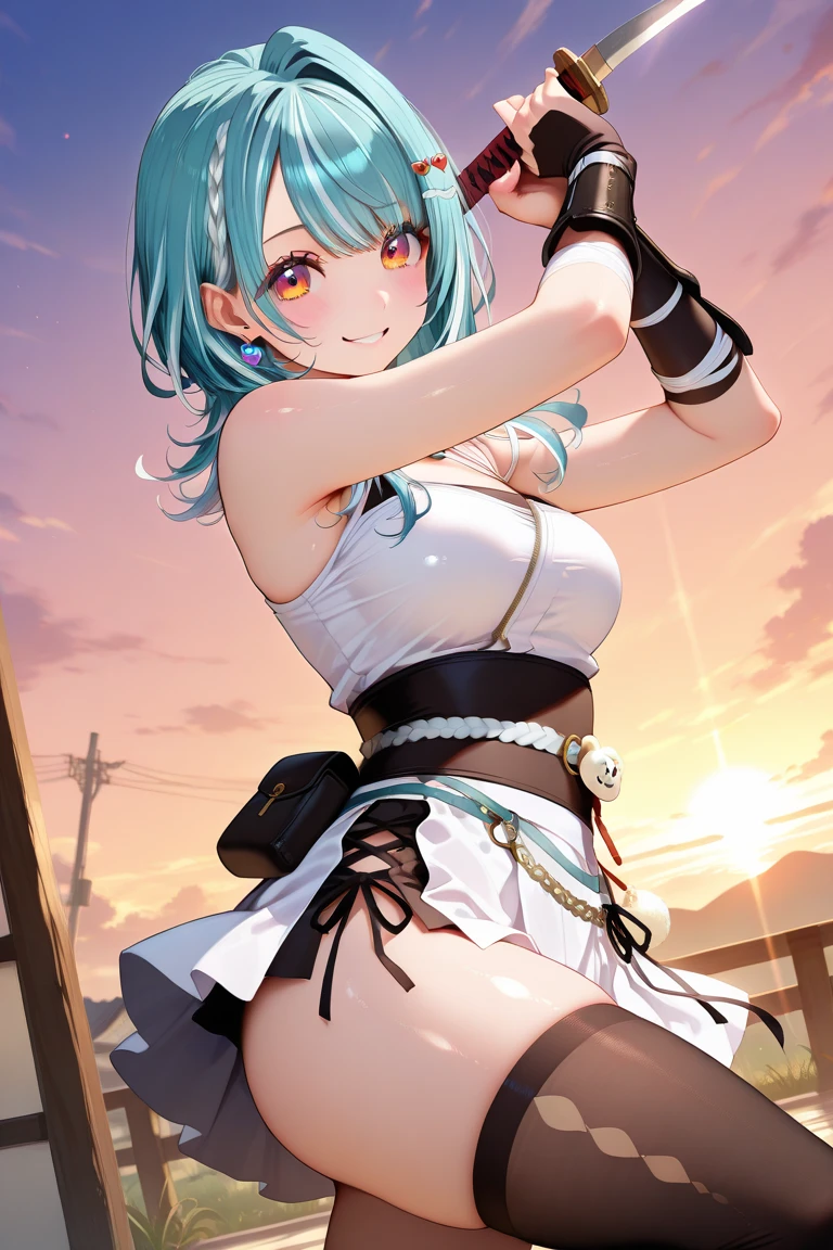tanned skin, black dress, stand, pose, fishing net, Realstic, white hair, blue eyes, garter belt, colorful background, cheveux longs, Souriant, Vibrant colors, pose dynamique, Des yeux brillants, Style fantastique.
