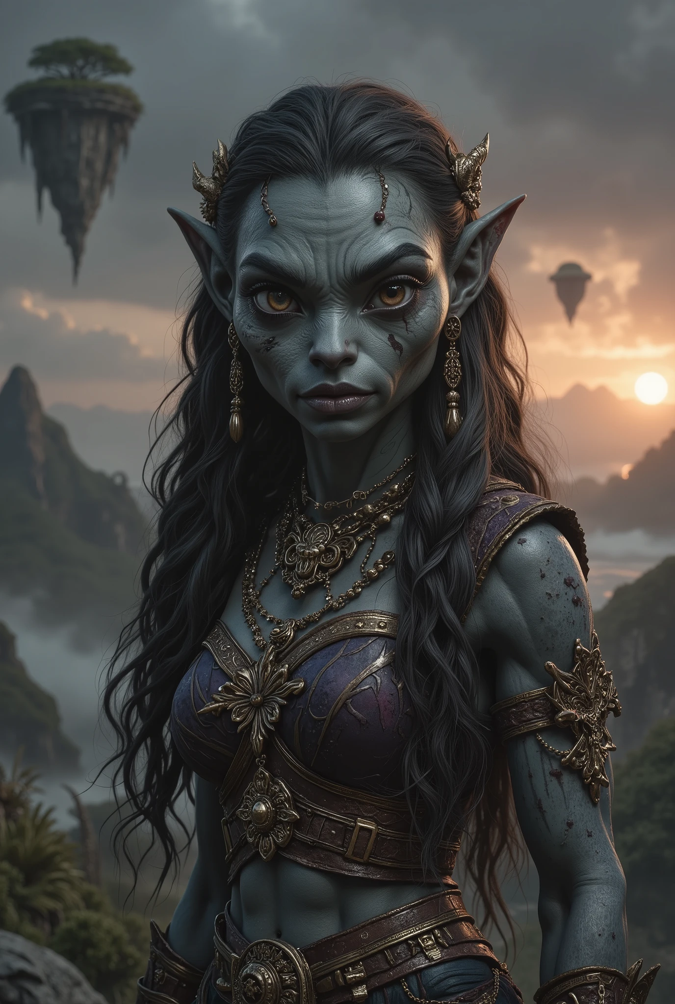 view from height,full-body-shot,obsidian The Alien Entity, half-Moana, sassiness temper,natural leather textures, hyper realisitc, hyper detailed,Extremely detailed,High contrast, ,Realistic,Ultra Detailed,intricate details,realistic humid skin,extremely intricate,Epic Realistic, Romantic, cinematic style,irina yermolova, orc's village of fishers,full body length,ominous landscape,floating islands on background in dangerous atmosphere,sunset, a Tim Burton-inspired dreamscape,Bun Hair,(Folk clothes:1.5),full body length,niobium goblin,native africa ,once pretty face,eyebrow up,full body shot,ominous landscape,niobium gray atmosphere,photo,photorealism,Masterpiece,hyper natural skin textures, hyper realism,hyper detailed,High contrast,Realism,Ultra Detailed,irina yermolova,close full body shot,32K resolution,Nikon Z9, ,demonic fog, smoke, audience, mist, featuring ultra-realistic and hyper-realistic elements, Marta Bevacqua, Ellen Jewett, Kawacy, Katsuya Terada, Carne Griffiths,concert lighting, bokeh, luminal space that feels both bright and surreal. Includes liquid fluid elements for added depth and movement. Rendered in an unreal engine and post-processed to achieve . Evokes a sense of dreamy, ethereal and mystical mood,horror pixar movie still,thriller disney movie ,pixar render, animated ,suicide,psychiatric clinic, insane fantasy,storm,cloud storm