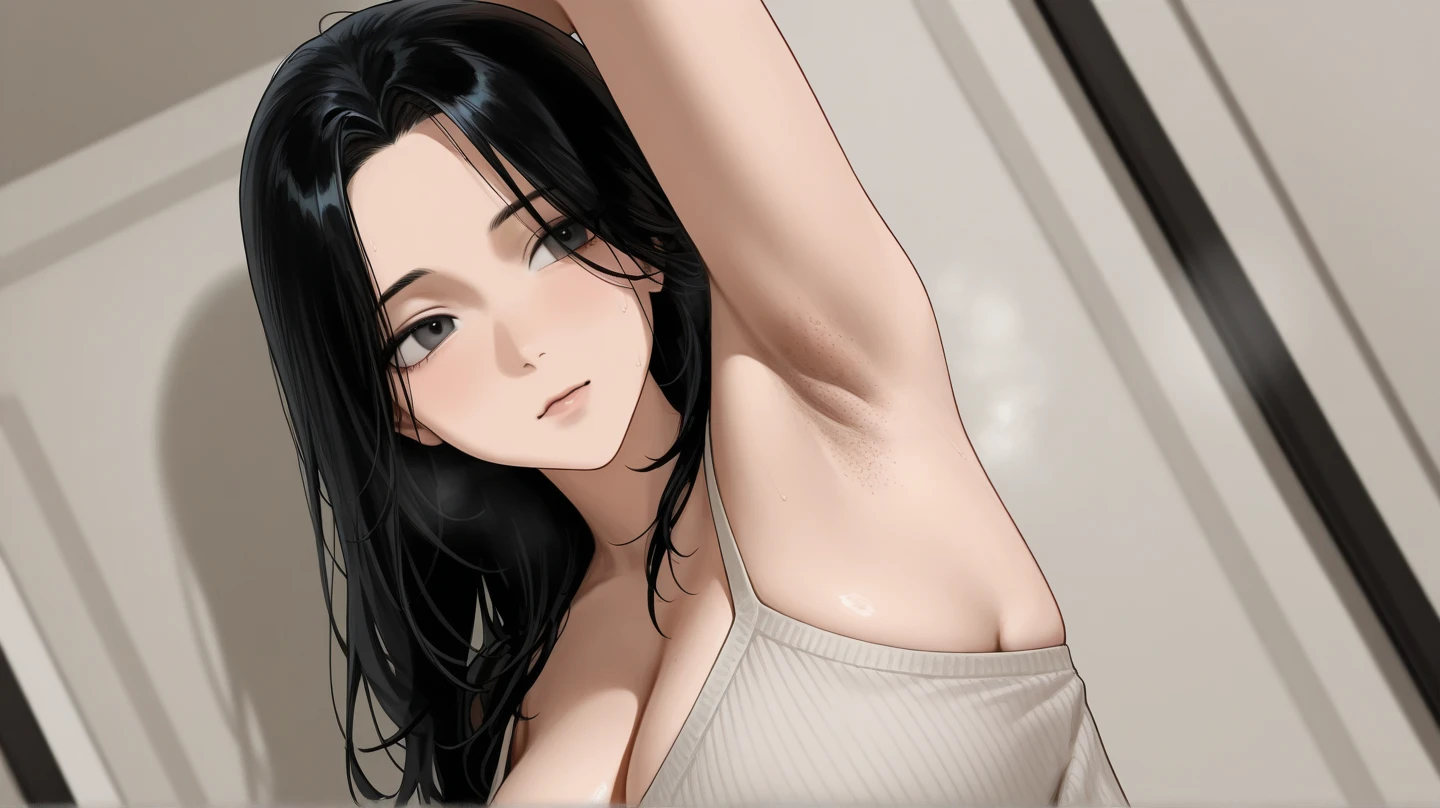 best quality, masterpiece, 1girl, solo, big breast, beautiful woman, model style, closed mouth, beautiful face, beautiful body, perfect face, beautiful eyes, first rate female body, (mature woman:1.3), solo, long hair, black hair, red eyes, tifa, tifa lockhart, swept bangs, nude, naked, completely nude:1.2, completely naked:1.2, nipples, pussy, spread armpit, spread_armpit, sitting on bed corner, bedroom, indoor, light smile
