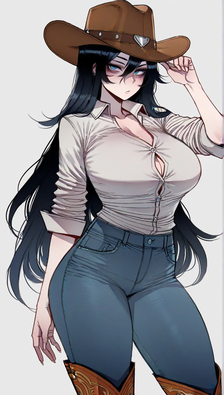 Monochrome, girl, t-shirt, jeans, large thighs, large ass, large breasts, evil smile