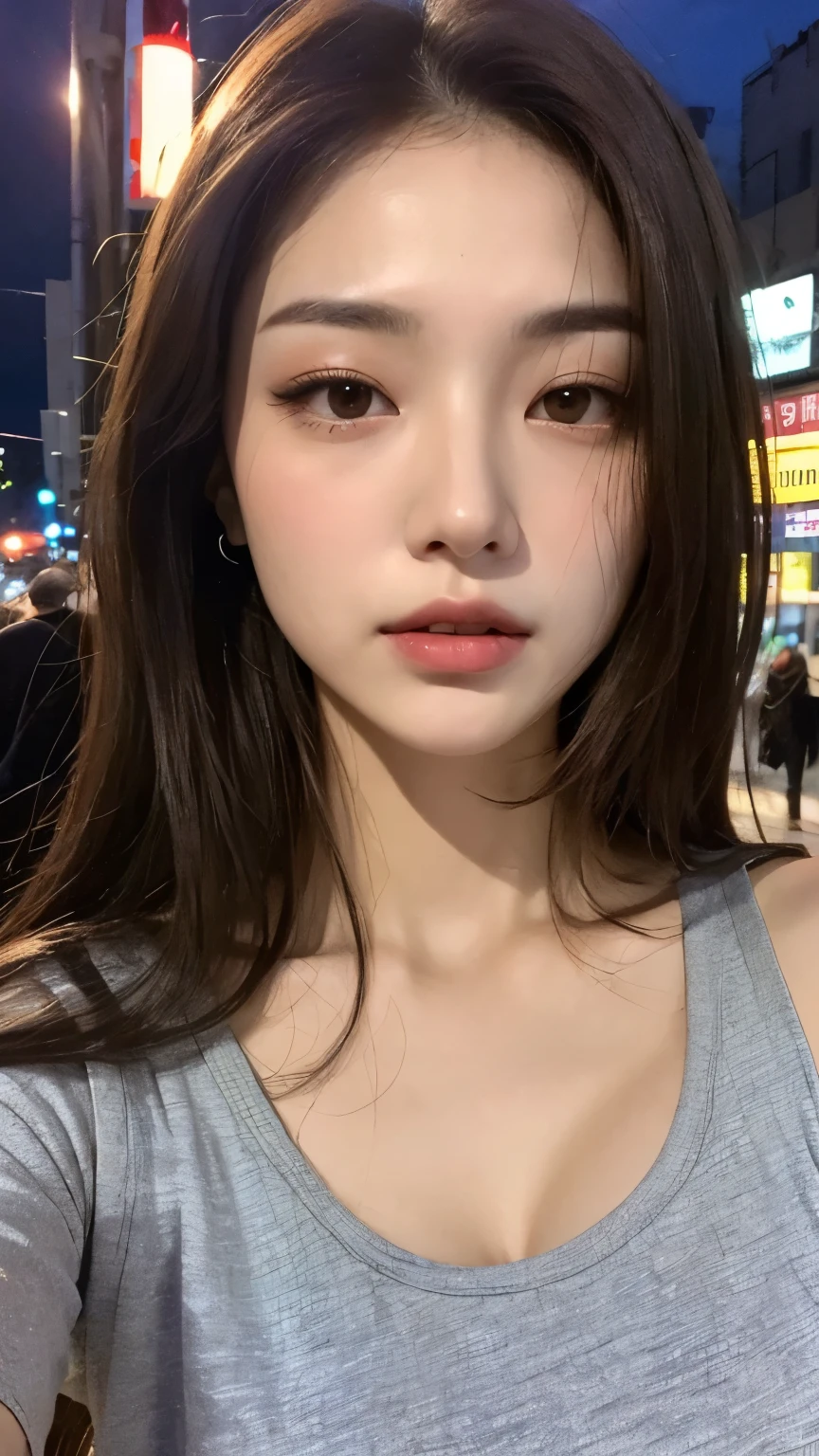 ((Best Quality, 8K, Masterpiece: 1.3)), Sharp: 1.2, Perfect Body Beauty: 1.4, Slim Abs: 1.2, ((Layered Hairstyle, Big Breasts: 1.2)), (Wet White Button Long Shirt: 1.1), (Rain, Street: 1.2), Wet: 1.5, Highly detailed face and skin texture, detailed eyes, double eyelids, side face looking at the camera
