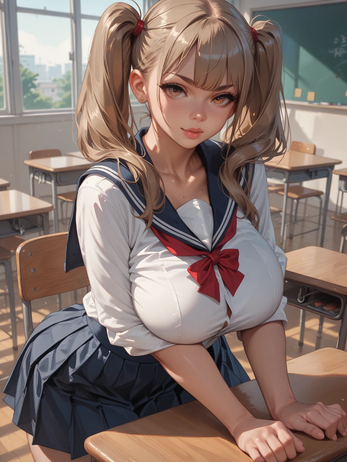 masterpiece,be familiar with,(((Highest quality))),Blonde, ((Large Breasts)), ((((cute)))), ((school uniform)) ,Straddle,White Strapless Bra,Cotton underwear,Open shirt,