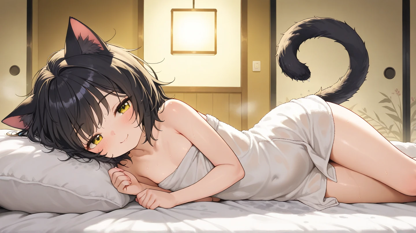 score_9,score_8_up,score_7_up,anime coloring, parody, parody style, anime screencap, 1girl, chen, brown hair, brown eyes, cat ears,, pussy, , flat , two tails, cowboy shot, looking at viewer, loli, lying on beying on side, loli_, child_,