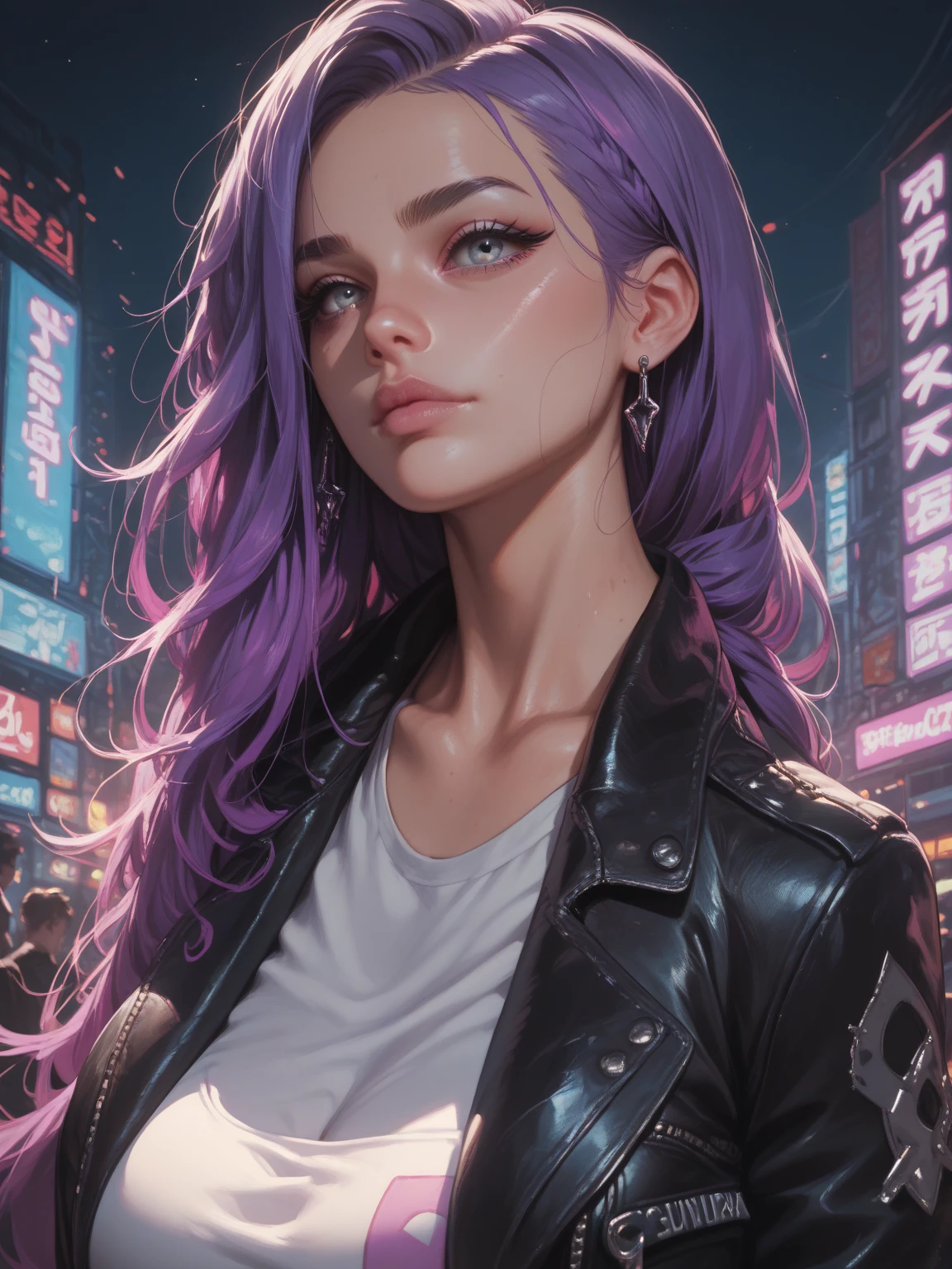 (1 Girl:1.3),Solitary,__body parts__, Official Art, 8k unit wallpaper, Extremely detailed, Close-up of face, beautiful and aesthetic, Gorgeous, masterpiece, best quality, Wonderful atmosphere, Calming Palette, Quiet mood, Soft shadows, Priestess witch, Charm Spell, Family amulet, Priestess duties, Dark Aesthetics, Suit and tie,Black leather shorts,Multiple chains hanging on the body,And a black leather jacket, Tokyo city in the background, (Short messy purple hair),