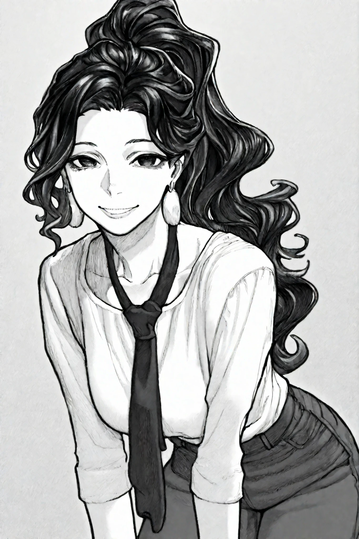 1girl, solo, leaning forward, smile, looking at viewer, black hair, black eyes, shoulder length hair, loose wavy hair, ponytail, earrings, tie, white shirt, pants, milf,
masterpiece, best quality, atucag, monochrome, greyscale,
