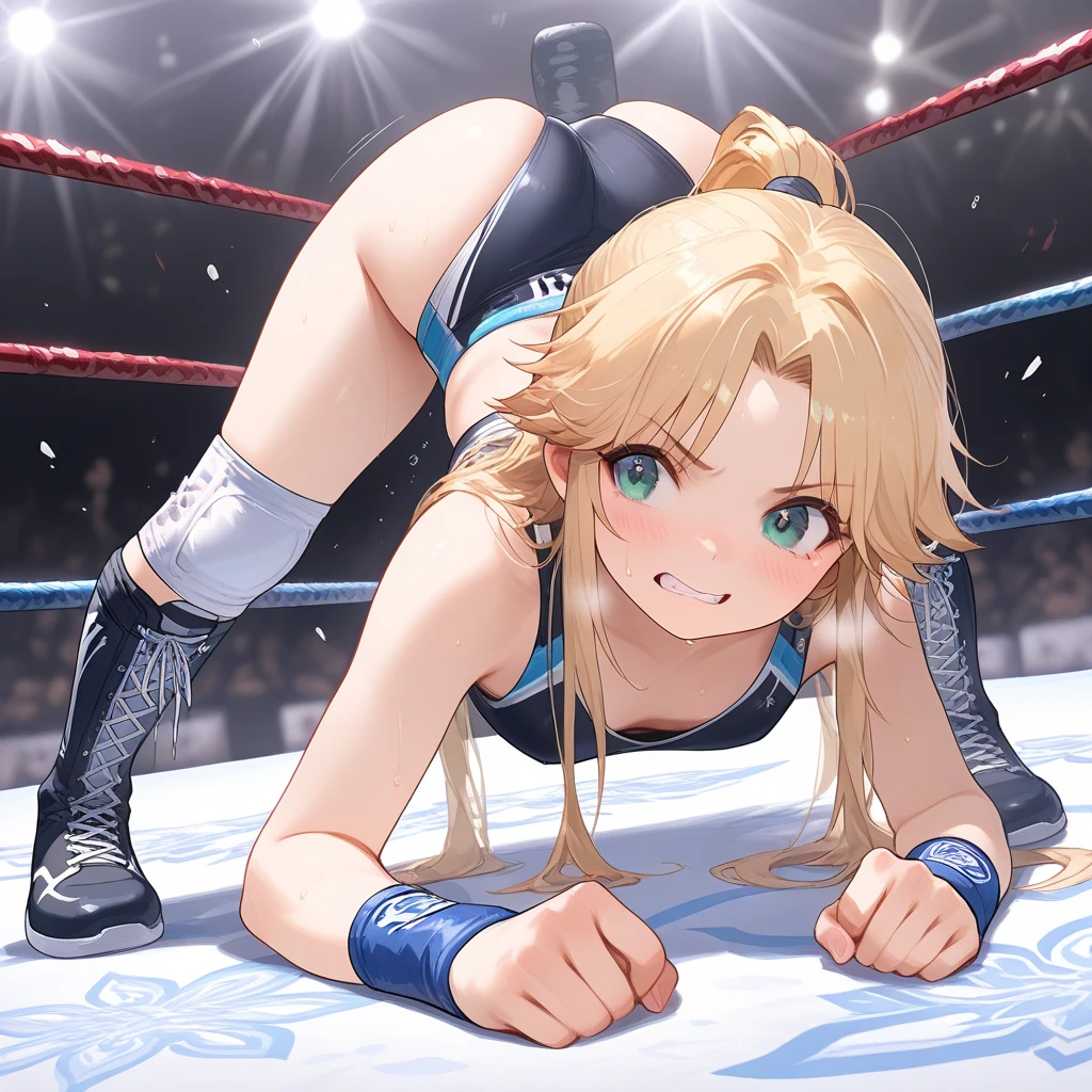 (masterpiece image, very detailed image, best high quality high definition image High very detailed Quality image, Very detailed high quality image), solo character, female wrestling aftermath defeated, tired and lying down on the mat
1girl, absolute beauty, 28 years old, fair pale skin, light blue eyes, sexy beauty features, long blonde golden hair tied in two high pigtails with pink ribbons and blonde golden hair curly fringe near the nose, big breasts, round butt, beautiful legs, (light pale blue one-piece leotard with a white stripe line in the belly and a grey spandex shorts under the leotard, grey knee pads, light pale blue wrestling boots, light pale blue arms sleeves, grey elbow pads), serious face
Dirty gym and wrestling ring