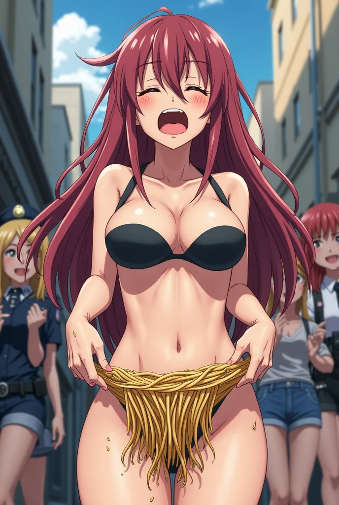 1girl, solo, Erza Scarlet, Fairy Tail, red hair, long hair, sidelocks, big breasts, cleavage, (black swimsuit), (wide-brim straw hat), aroused facial expression, closed eyes, open mouth, blush, sweat, hot, (close-up), sunny weather, beach