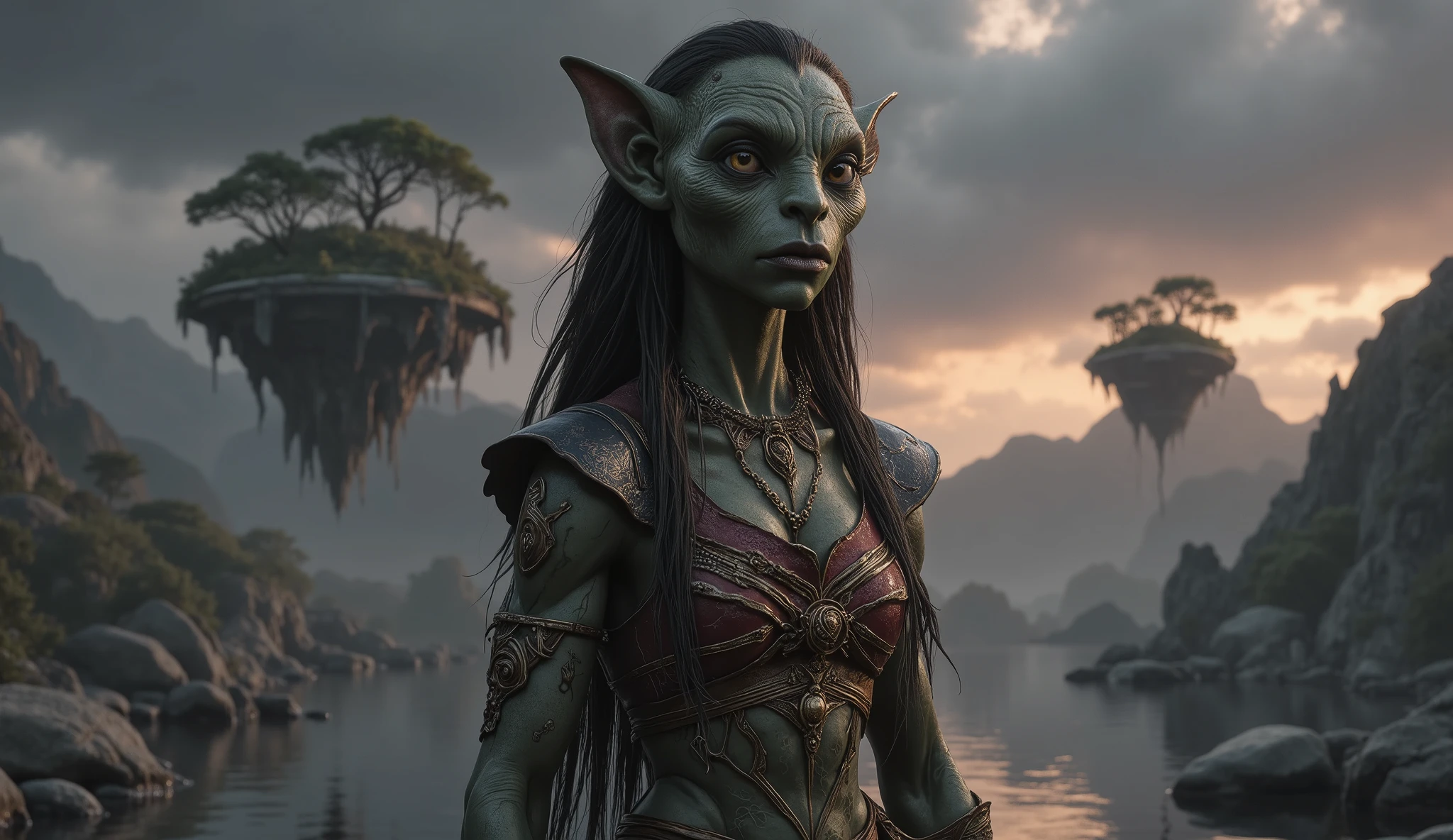 view from height,full-body-shot,obsidian The Alien Entity, half-Moana, sassiness temper,natural leather textures, hyper realisitc, hyper detailed,Extremely detailed,High contrast, ,Realistic,Ultra Detailed,intricate details,realistic humid skin,extremely intricate,Epic Realistic, Romantic, cinematic style,irina yermolova, orc's village of fishers,full body length,ominous landscape,floating islands on background in dangerous atmosphere,sunset, a Tim Burton-inspired dreamscape,Bun Hair,(Folk clothes:1.5),full body length,niobium goblin,native africa ,once pretty face,eyebrow up,full body shot,ominous landscape,niobium gray atmosphere,photo,photorealism,Masterpiece,hyper natural skin textures, hyper realism,hyper detailed,High contrast,Realism,Ultra Detailed,irina yermolova,close full body shot,32K resolution,Nikon Z9, ,demonic fog, smoke, audience, mist, featuring ultra-realistic and hyper-realistic elements, Marta Bevacqua, Ellen Jewett, Kawacy, Katsuya Terada, Carne Griffiths,concert lighting, bokeh, luminal space that feels both bright and surreal. Includes liquid fluid elements for added depth and movement. Rendered in an unreal engine and post-processed to achieve . Evokes a sense of dreamy, ethereal and mystical mood,horror pixar movie still,thriller disney movie ,pixar render, animated ,suicide,psychiatric clinic, insane fantasy,storm,cloud storm