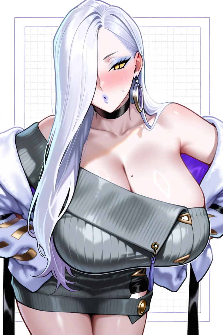 White Hair、Long Hair、Purple Eye、very, very big breasts、Nipples、breast milk squirting、Erect nipples、Face after climax、smile、Soaking wet、Peeing、Mole on upper chest、Nipple Pochi、(Female ninja)、(Ninja)、Adult sex appeal