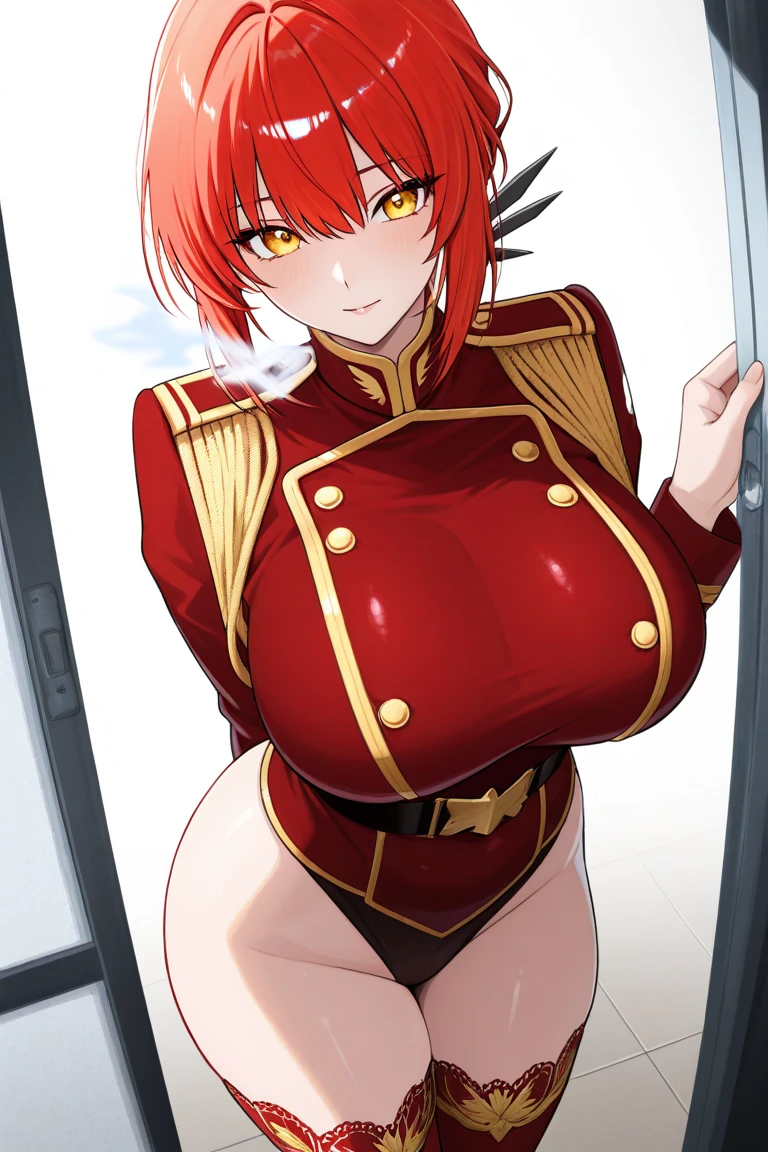 (Masterpiece, Best Quality, High Quality), from below volumetric lighting, illustration, beautiful, tight , Blushing, looking at viewer,solo, posing for picture, seductive, perfect lighting, perfect shadows, nishikino maki, purple eyes,red hair , sexy dress, midriff , central cleavage cutout, breasts apart, big breasts,sexualised , pirate hat 