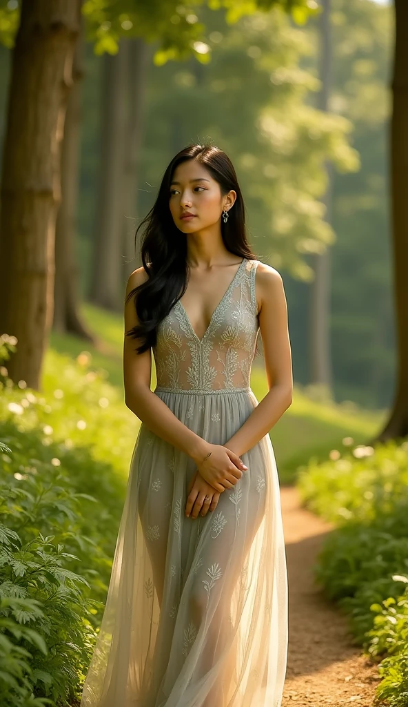 An Indonesian girl wearing a transparent dress sits among the flowers, creating a stunning image with a misty forest theme. Natural beauty and mystical impression are integrated in this moment, highlighting the girl's elegance amidst a magical atmosphere.