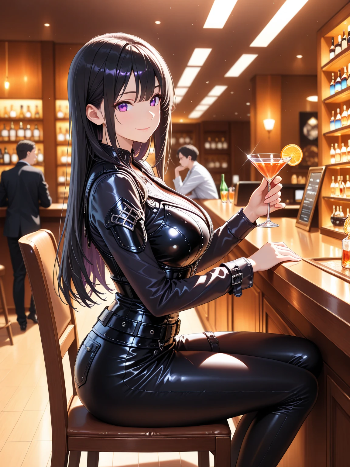 woman with black hair, black sexy tight dress, in nightclub, drinking champagne, body facing camera
