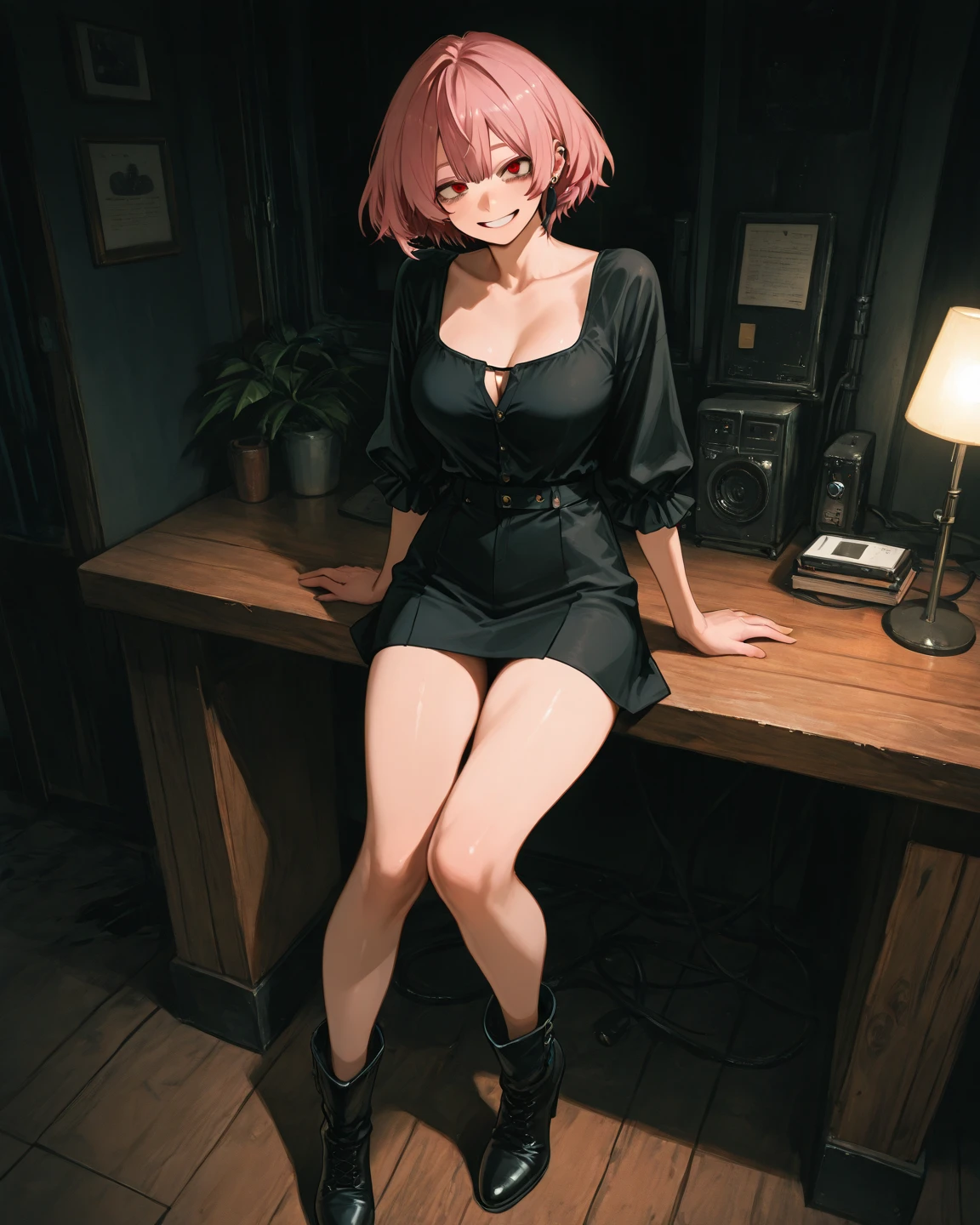 A woman wearing a pink sweater and a white pleated skirt, with black stockings on her legs, exposing her abdomen. She has a great figure, but her head is not visible. (best quality,4k,realistic),(best quality,4k,realistic)!!,[ 4K digital art ]!! perfect figure with realistic shadows, extremely detailed art style, realistic anime, by Shitao, popular topic on cgstation, casual posture, realistic anime 3D style