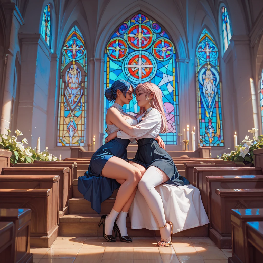 (NSFW:-0.98) . White and Red, (Dazzling colorful light pours down:1.2), (Ultra-detailed1.35), (Masterpiece:1.2) of professional photo with Hasselblad, (((Realistic and Photorealistic with touch of rawness:1.37))), (((Acutance:0.85), { from below | from side } )) . ((A group photo of many KAWAII girls in (school uniform)) with visible Overflowing Cleavage) and Navel without bra . (((Extremely detailed KAWAII face variations)) with joyful expressions), { Detailed natural eyes with (sparkling highlights:1.28) and long eyelashes | Rosy cheeks | Navel | (pretty Ass) | (Overflowing underboob) | Oiled Pearl skin Details | White panties with (blood seeping only in crotch area) | ((full of Flowers covering girl's body:1.25)) | (((Dazzling colorful stained glass with stunning elaborate details:1.2))) | Mystic sight | A Halo ling in the air | God rays | Haze | Lens flare | Luminescent particles | Kissing face to face } . Ultra-detailed, (Exposed:0.4), (((Nipple:-0.9))) .