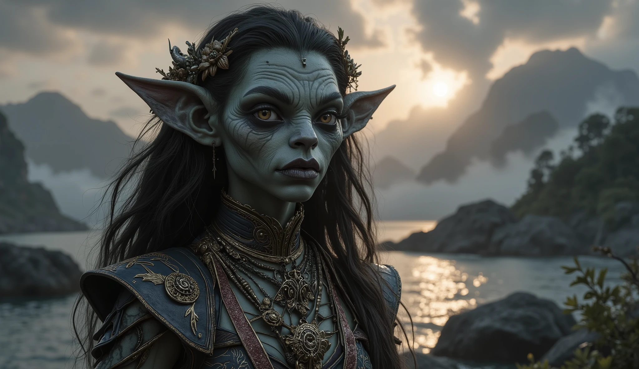 view from height,full-body-shot,obsidian The Alien Entity, half-Moana, sassiness temper,natural leather textures, hyper realisitc, hyper detailed,Extremely detailed,High contrast, ,Realistic,Ultra Detailed,intricate details,realistic humid skin,extremely intricate,Epic Realistic, Romantic, cinematic style,irina yermolova, orc's village of fishers,full body length,ominous landscape,floating islands on background in dangerous atmosphere,sunset, a Tim Burton-inspired dreamscape,Bun Hair,(Folk clothes:1.5),full body length,niobium goblin,native africa ,once pretty face,eyebrow up,full body shot,ominous landscape,niobium gray atmosphere,photo,photorealism,Masterpiece,hyper natural skin textures, hyper realism,hyper detailed,High contrast,Realism,Ultra Detailed,irina yermolova,close full body shot,32K resolution,Nikon Z9, ,demonic fog, smoke, audience, mist, featuring ultra-realistic and hyper-realistic elements, Marta Bevacqua, Ellen Jewett, Kawacy, Katsuya Terada, Carne Griffiths,concert lighting, bokeh, luminal space that feels both bright and surreal. Includes liquid fluid elements for added depth and movement. Rendered in an unreal engine and post-processed to achieve . Evokes a sense of dreamy, ethereal and mystical mood,horror pixar movie still,thriller disney movie ,pixar render, animated ,suicide,psychiatric clinic, insane fantasy,storm,cloud storm