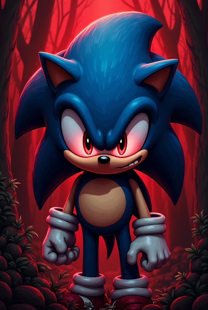 Sonic the Hedgehog, one man, blue all over, red ring in right hand, red full moon, looking at camera, smiling slightly, little blood on hand.