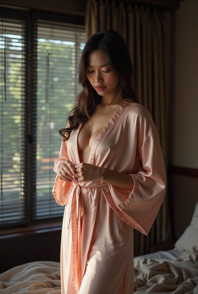best quality, ultra high res, (photorealistic:1.4), RAW photo, (upper thigh, from side:0.7), (bokeh:1.5), (bed), (in suite:1.6), (exotic skin), (black long hair), big boobs, pink kimono, japanese girl, cute,