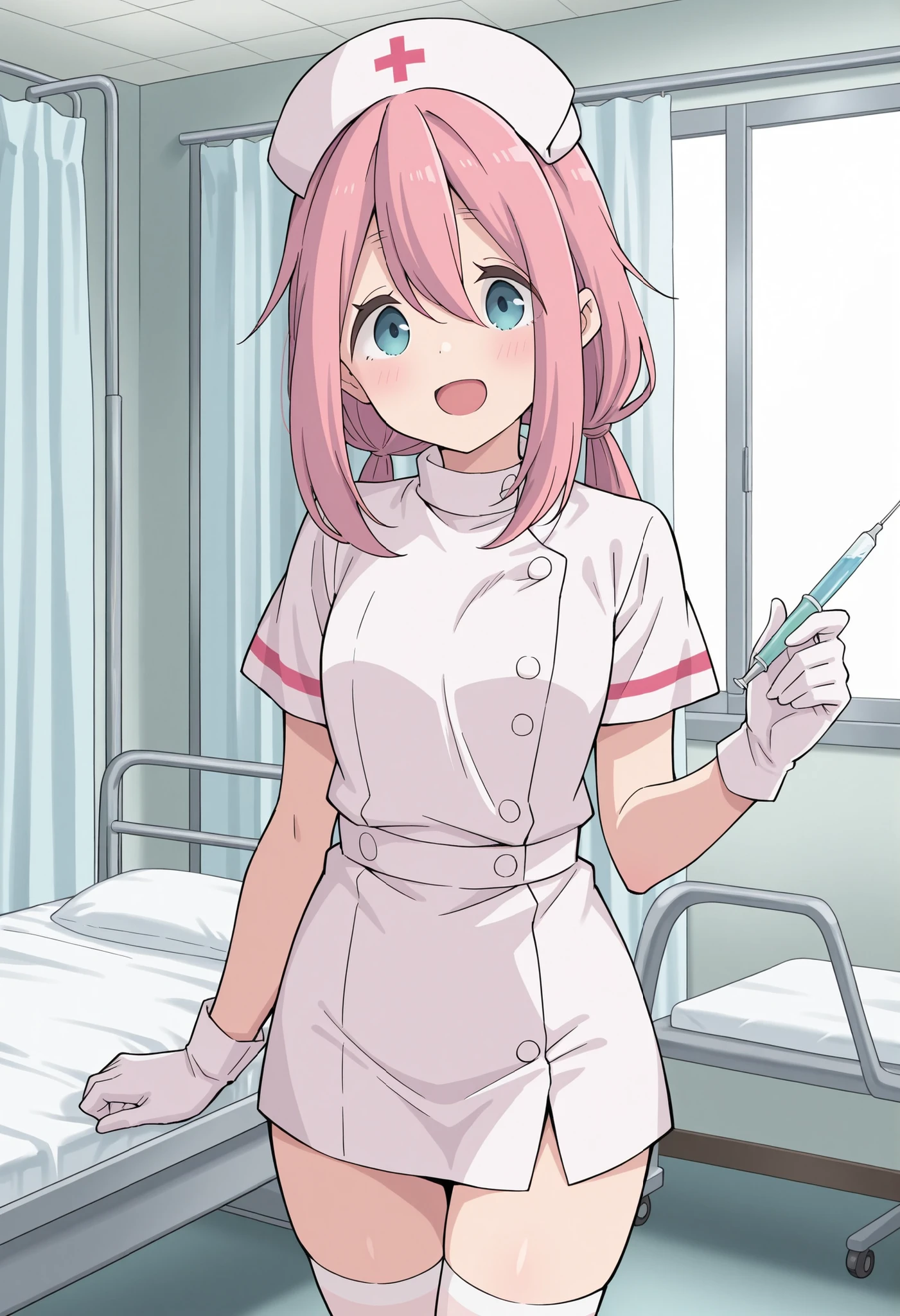 Score_9, score_8_up, score_7_up, source_anime, nadeshiko kagamihara, solo, low twintails, pink hair, blue eyes, (best quality), (high quality), {masterpiece}, extremely delicate and beautiful, ultra-detailed, beautiful detailed eyes, nurse, nurse hat, ((white nurse's outfit)), white gloves, white thighhighs, hospital room, smile, open mouth, standing
