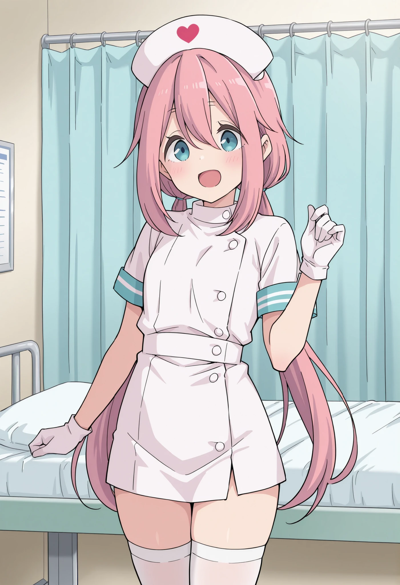Score_9, score_8_up, score_7_up, source_anime, nadeshiko kagamihara, solo, low twintails, pink hair, blue eyes, (best quality), (high quality), {masterpiece}, extremely delicate and beautiful, ultra-detailed, beautiful detailed eyes, nurse, nurse hat, ((white nurse's outfit)), white gloves, white thighhighs, hospital room, smile, open mouth, standing
