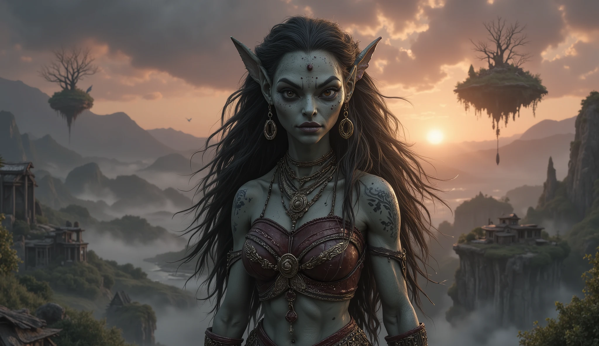 view from height,full-body-shot,obsidian The Alien Entity, half-Moana, sassiness temper,natural leather textures, hyper realisitc, hyper detailed,Extremely detailed,High contrast, ,Realistic,Ultra Detailed,intricate details,realistic humid skin,extremely intricate,Epic Realistic, Romantic, cinematic style,irina yermolova, orc's village of fishers,full body length,ominous landscape,floating islands on background in dangerous atmosphere,sunset, a Tim Burton-inspired dreamscape,Bun Hair,(Folk clothes:1.5),full body length,niobium goblin,native africa ,once pretty face,eyebrow up,full body shot,ominous landscape,niobium gray atmosphere,photo,photorealism,Masterpiece,hyper natural skin textures, hyper realism,hyper detailed,High contrast,Realism,Ultra Detailed,irina yermolova,close full body shot,32K resolution,Nikon Z9, ,demonic fog, smoke, audience, mist, featuring ultra-realistic and hyper-realistic elements, Marta Bevacqua, Ellen Jewett, Kawacy, Katsuya Terada, Carne Griffiths,concert lighting, bokeh, luminal space that feels both bright and surreal. Includes liquid fluid elements for added depth and movement. Rendered in an unreal engine and post-processed to achieve . Evokes a sense of dreamy, ethereal and mystical mood,horror pixar movie still,thriller disney movie ,pixar render, animated ,suicide,psychiatric clinic, insane fantasy,storm,cloud storm