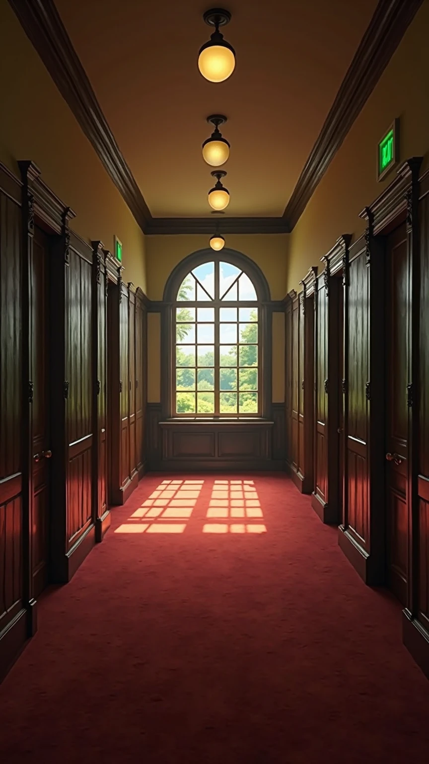 Hyper-realistic digital painting: long, atmospheric corridor, old Western-style building (historic school/mansion, e.g., Kounkaku). Dark wood wainscoting, lighter cream/pale yellow upper walls. Lined with multiple identical heavy wooden doors, classic details. Far end dominated by large, beautifully paned arched window showing bright daylight, greenery. Plush red carpet runs length of floor. Style: cinematic realism, nostalgic, slightly haunting/contemplative; overwhelmingly detailed, evokes history, stillness, time passage. Medium: hyper-realistic; dramatic backlighting, textures (aged wood, carpet), light/shadow interplay for strong depth. Composition: straight-on, symmetrical, one-point perspective down corridor to bright arched window. Repeating doors/panels as strong leading lines. Red carpet leads eye. Lighting: strong dramatic backlighting from arched window (silhouette frame, bright light patches on red carpet). Simple period ceiling light (spherical opaque glass shade) for softer secondary warm light; small green lit exit sign possible. Key contrast: bright window/darker corridor. Colors: warm, muted, with contrasts. Rich dark browns (wood), deep crimson/burgundy (carpet), cream/pale yellow (upper walls). Bright window light (white/pale yellow), exterior greens. Mood: nostalgic, quiet, contemplative, historic presence. Backlighting adds ethereal/mysterious quality. Overwhelmingly still, evocative, rich in unspoken stories, architectural detail.
