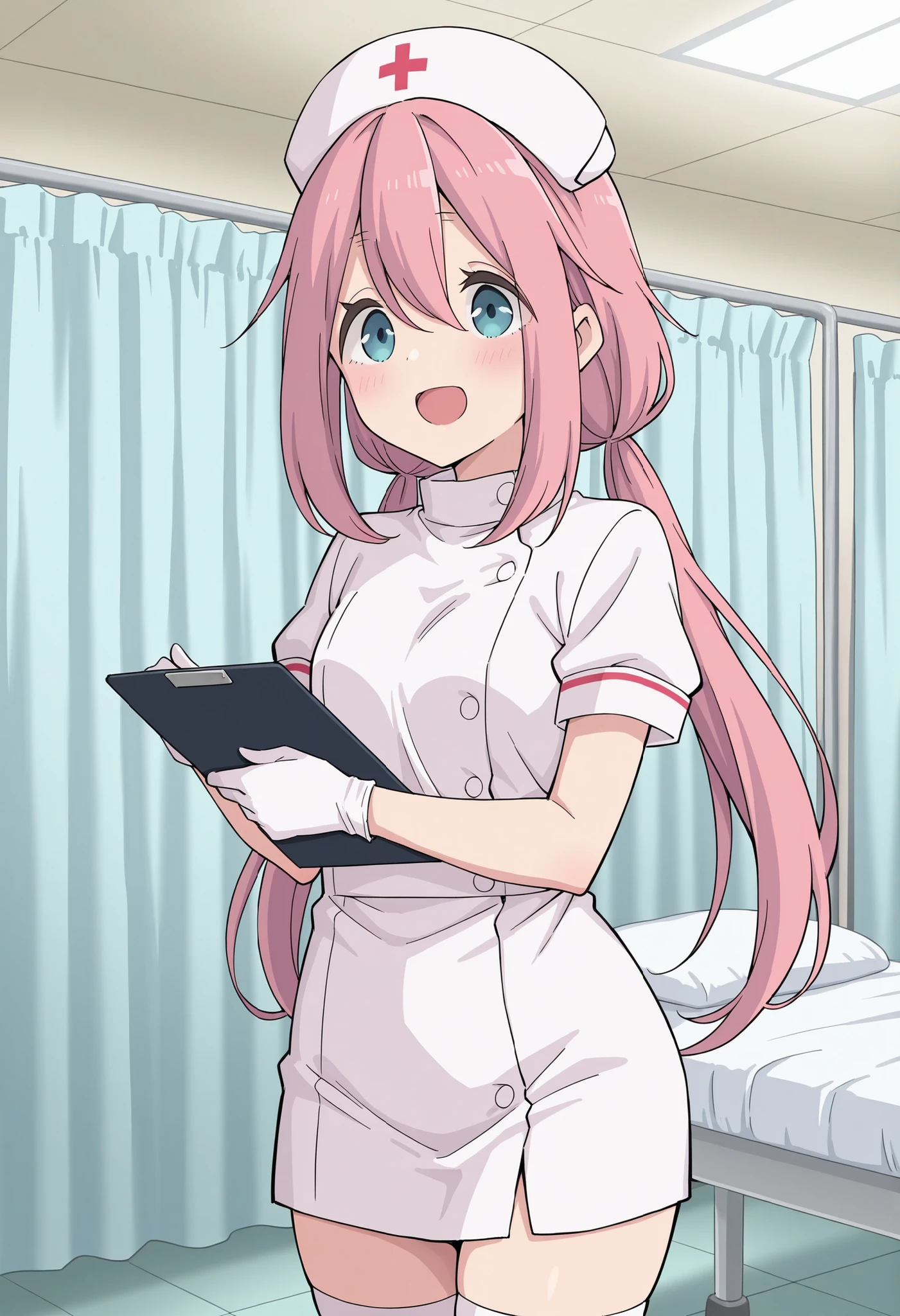 Score_9, score_8_up, score_7_up, source_anime, nadeshiko kagamihara, solo, low twintails, pink hair, blue eyes, (best quality), (high quality), {masterpiece}, extremely delicate and beautiful, ultra-detailed, beautiful detailed eyes, nurse, nurse hat, ((white nurse's outfit)), white gloves, white thighhighs, hospital room, smile, open mouth, standing