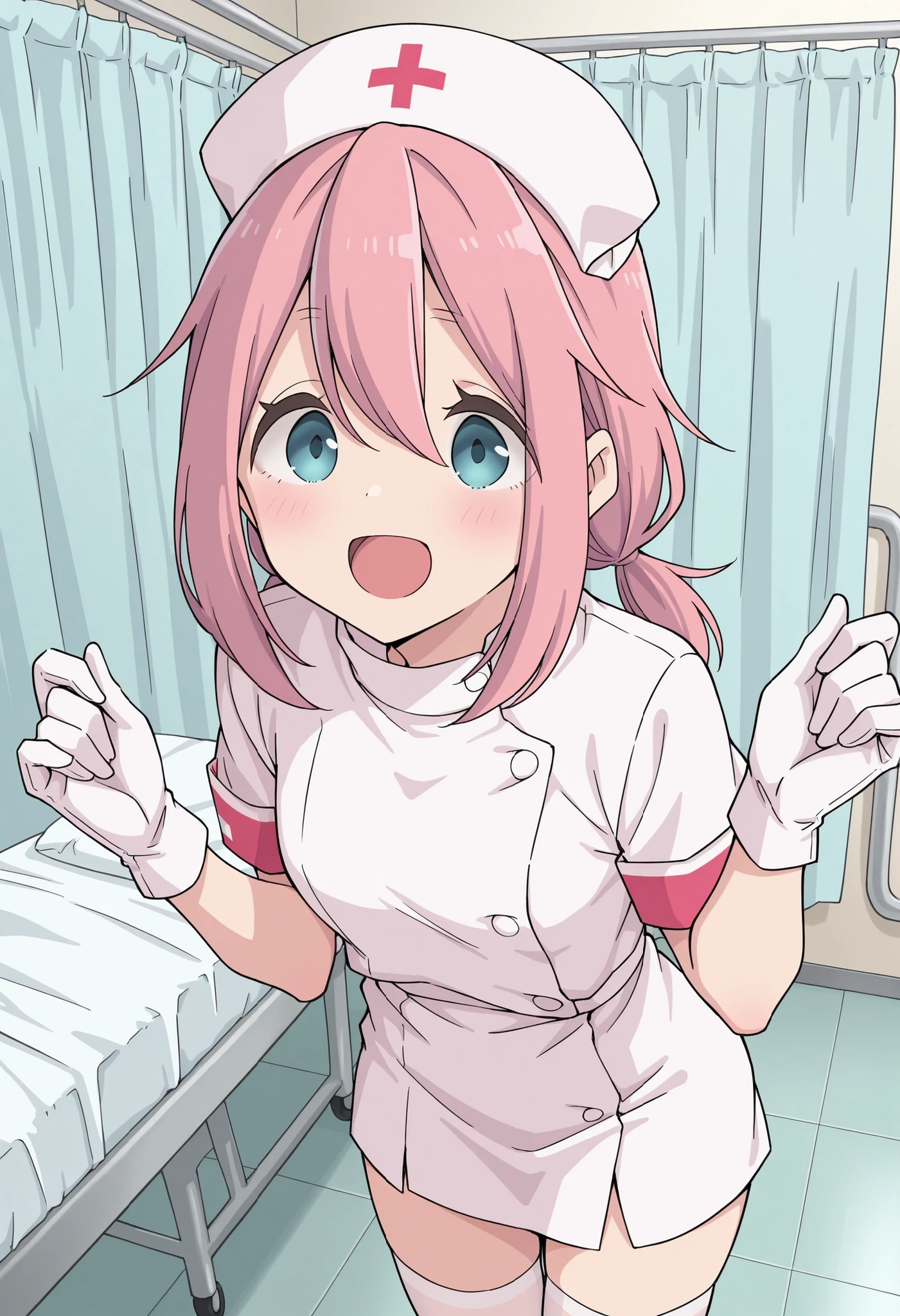 Score_9, score_8_up, score_7_up, source_anime, nadeshiko kagamihara, solo, low twintails, pink hair, blue eyes, (best quality), (high quality), {masterpiece}, extremely delicate and beautiful, ultra-detailed, beautiful detailed eyes, nurse, nurse hat, ((white nurse's outfit)), white gloves, white thighhighs, hospital room, smile, open mouth, standing