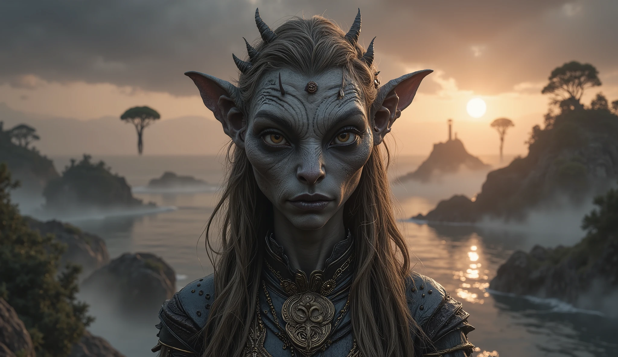 view from height,full-body-shot,obsidian The Alien Entity, half-Moana, sassiness temper,natural leather textures, hyper realisitc, hyper detailed,Extremely detailed,High contrast, ,Realistic,Ultra Detailed,intricate details,realistic humid skin,extremely intricate,Epic Realistic, Romantic, cinematic style,irina yermolova, orc's village of fishers,full body length,ominous landscape,floating islands on background in dangerous atmosphere,sunset, a Tim Burton-inspired dreamscape,Bun Hair,(Folk clothes:1.5),full body length,niobium goblin,native africa ,once pretty face,eyebrow up,full body shot,ominous landscape,niobium gray atmosphere,photo,photorealism,Masterpiece,hyper natural skin textures, hyper realism,hyper detailed,High contrast,Realism,Ultra Detailed,irina yermolova,close full body shot,32K resolution,Nikon Z9, ,demonic fog, smoke, audience, mist, featuring ultra-realistic and hyper-realistic elements, Marta Bevacqua, Ellen Jewett, Kawacy, Katsuya Terada, Carne Griffiths,concert lighting, bokeh, luminal space that feels both bright and surreal. Includes liquid fluid elements for added depth and movement. Rendered in an unreal engine and post-processed to achieve . Evokes a sense of dreamy, ethereal and mystical mood,horror pixar movie still,thriller disney movie ,pixar render, animated ,suicide,psychiatric clinic, insane fantasy,storm,cloud storm