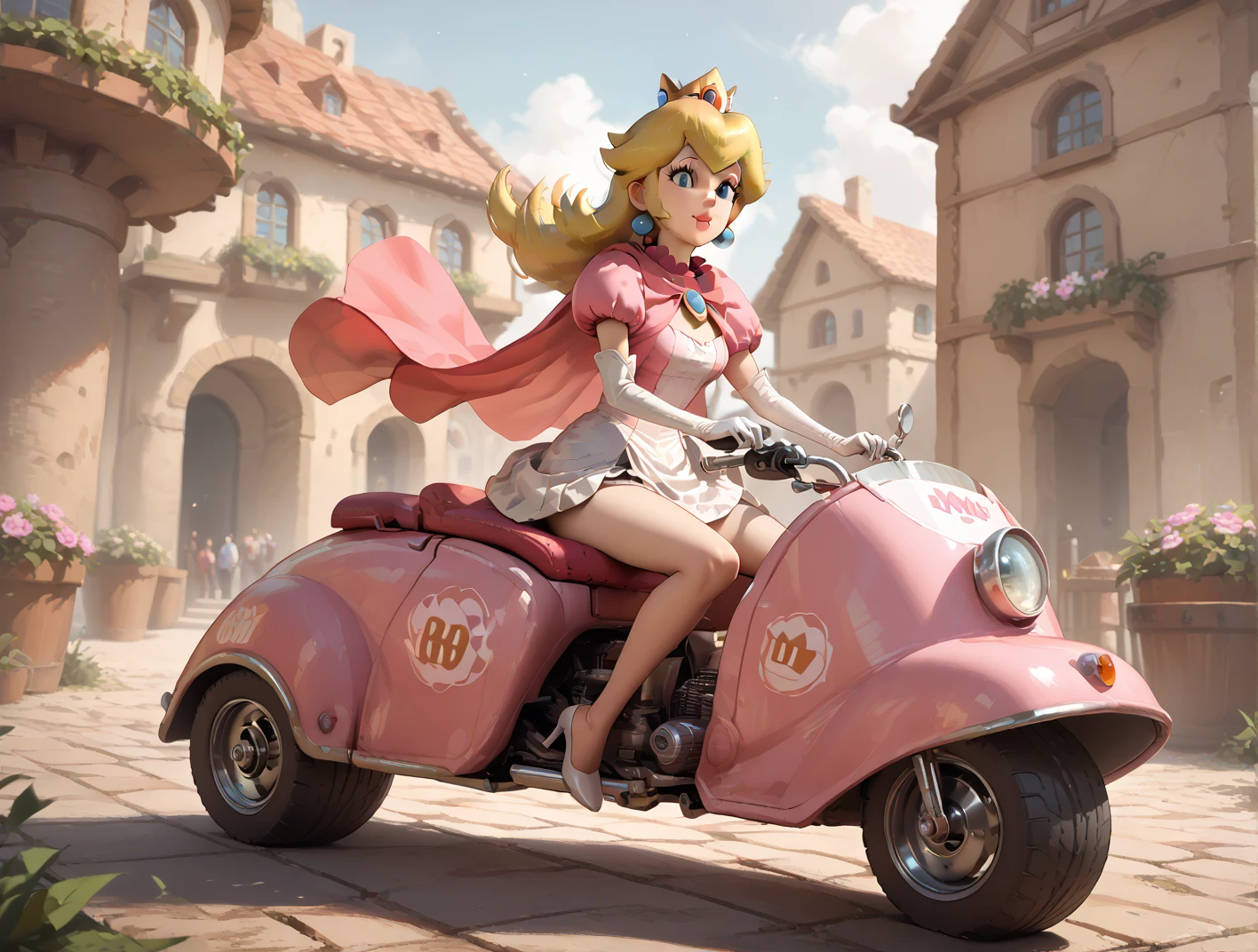 highres,masterpiece,perfect lighting,bloom,cinematic lighting,adult,perfect skin,female,smile,narrow waist,skinny,<lora:PrincessPeachMovie:0.7>,(princesspeach:1.1),(princess peach:1.1),choker,detailled eyes,blue eyes,sensual,mushrooms,mushroom kingdom,pink lips,(glossy lips:1.21),pursed lips,glossy skin,oily skin,beautiful light,(day:1.3),bright,pink jumpsuit,motorcycle,hover bike,