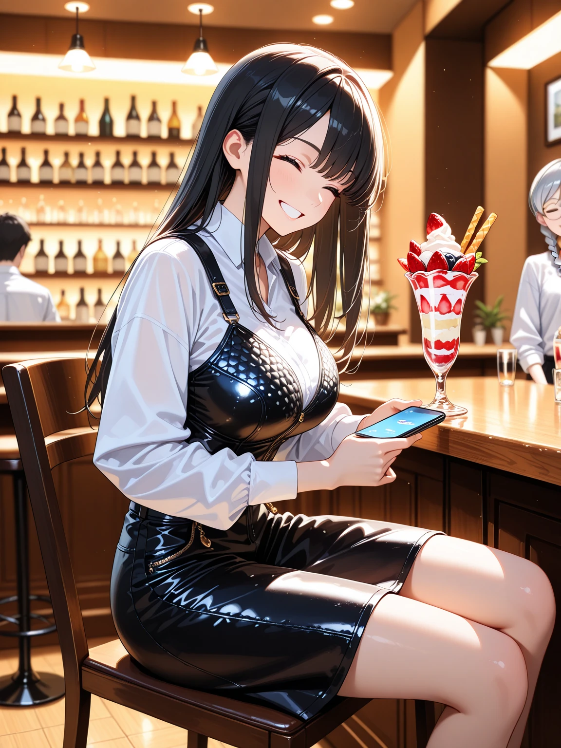 masterpiece, best quality:1.3, 1girl, black hair, green eyes, business suit, necktie, wine, bar (place), transparent colorful vinyl clothing, natural lighting, vibrant colors, cinematic lighting, soft focus,masterpiece,transparentcolorPVCclothing,transparentcolorvinylclothing,prismatic,holographic,chromaticaberration,