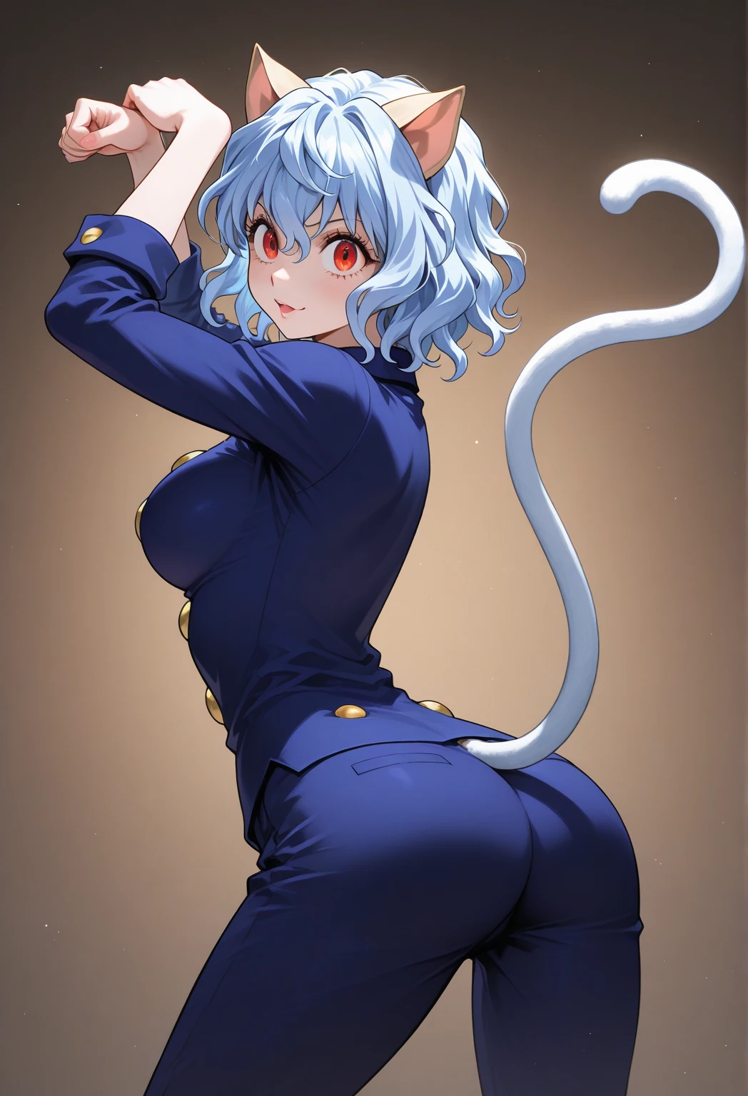 ((masterpiece)), (best quality:1.7), (detailed:1.4), (high res:1.4), 8k, (colorful:1.5), 2d, high resolution, sharped image, 4k, hd, neferpitou_hunterxhunter, 1other, solo, red eyes, white hair, tail, animal ears, curly hair, hair between eyes, medium breasts, androgynous, short hair, cat ears, joints, doll joints,(((cat tail))))), (narrow eyes), ((slim)), long legs, :3, (( character)), team rocket,team rocket uniform,white skirt,red letter R,crop top,black thigh-highs,black elbow gloves