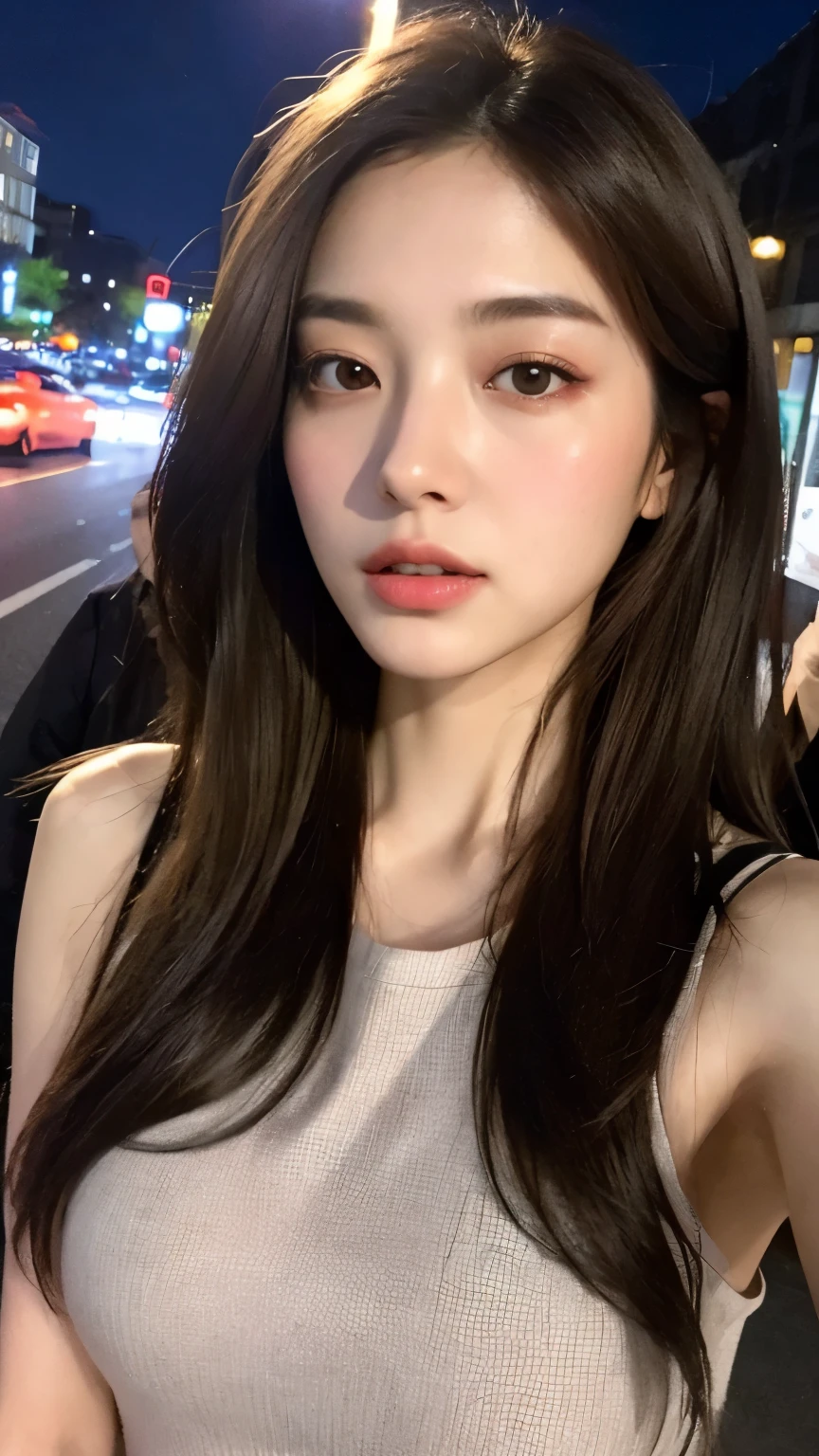 ujifilm XT3, 8k,close up photo, masterpiece, best quality, (((1girl))), solo,realistic, ((looking at viewer)), photorealistic, (extremely detailed face), looking at viewer, ((ultra-detailed eyes and pupils)), ultra detailed, serious expression, ((standing city street at night)), weater, (arms behind back), <lora:shuhualorashy:1>