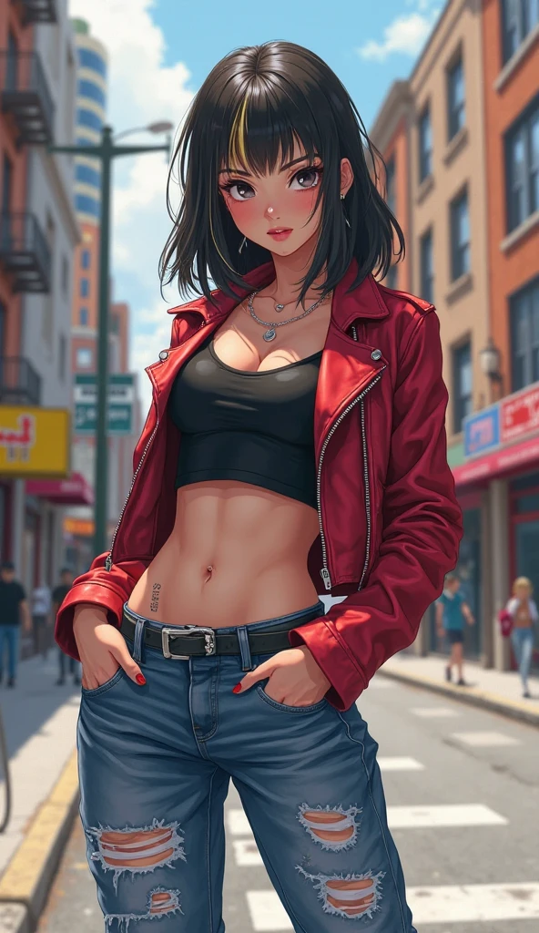 ager 15 yen cuerpo. Vestida de falda y botas. Top rojo y chaqueta de cuero rockera sexy.