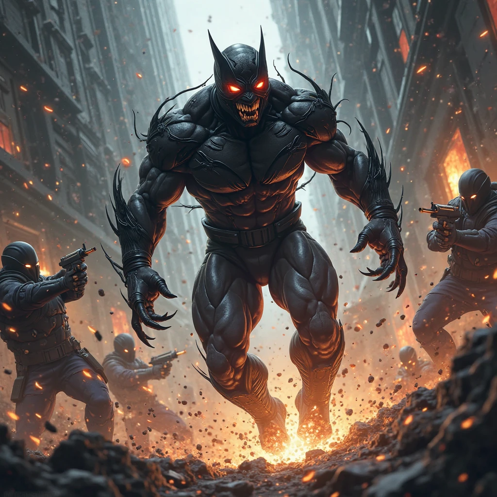Demon man with angry face, bat wings, skulls and full body in fighting position