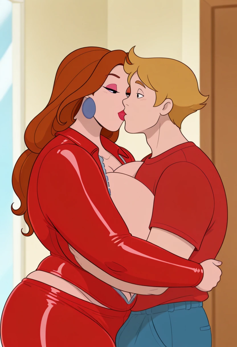 NSFW Maddie fenton, raping her son, a sexy milf, mature body, realistic anime artwork with intricate details and colors, masterpiece, wearing a skintight blue bodysuit accentuating her curves, half cleavage her breasts tightly squeezed by her clothes, a young boy is forcibly held against her body, orange hair, bobcut, no panties, curvy toned physique with big breasts and ass and tiny waist, wicked horny look in her eyes, a wicked grin of dominance on her face, dominating boy, dominant, fucks boy against his will, rapes a young boy, holds boy against his will, forcing boy to cum, the boy is desperate and intoxicated with maddie, kissing