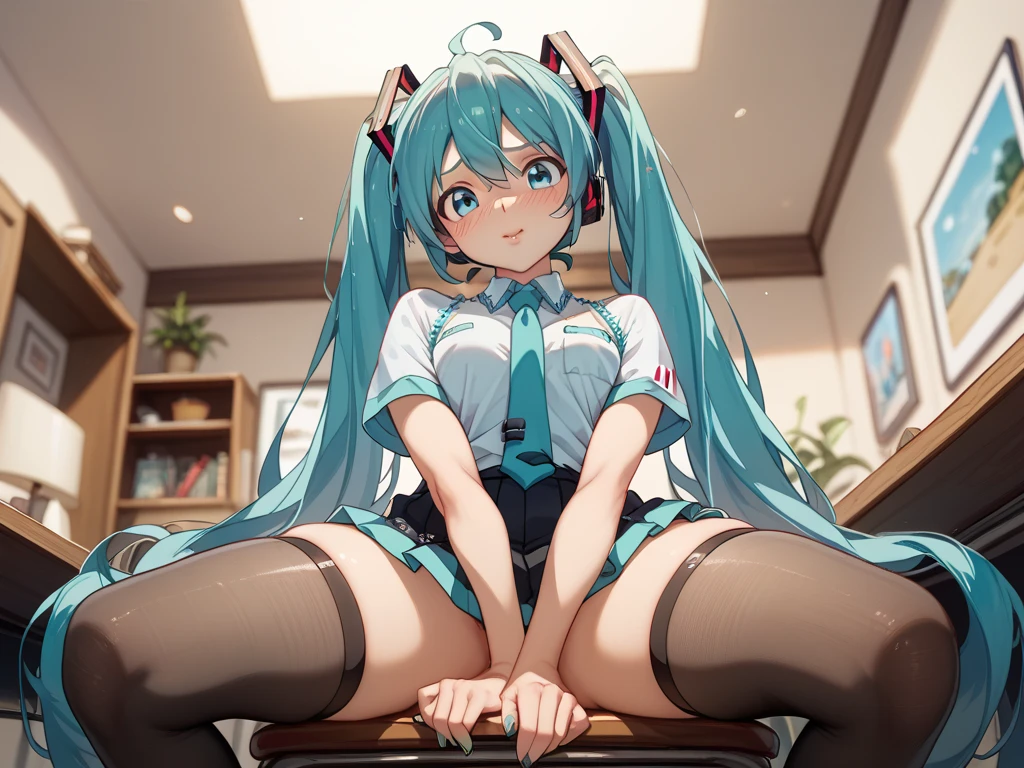 Young Hatsune Miku、girl、独奏、blush、Big Breasts、girl、Kindergarteners、、6 years old、、、be happy、Striped panties、clothes、Clothes are see-through、From below、Wet clothes、、Sit with your legs apart、Bra showing through over clothes、See-through underwear、is see-through